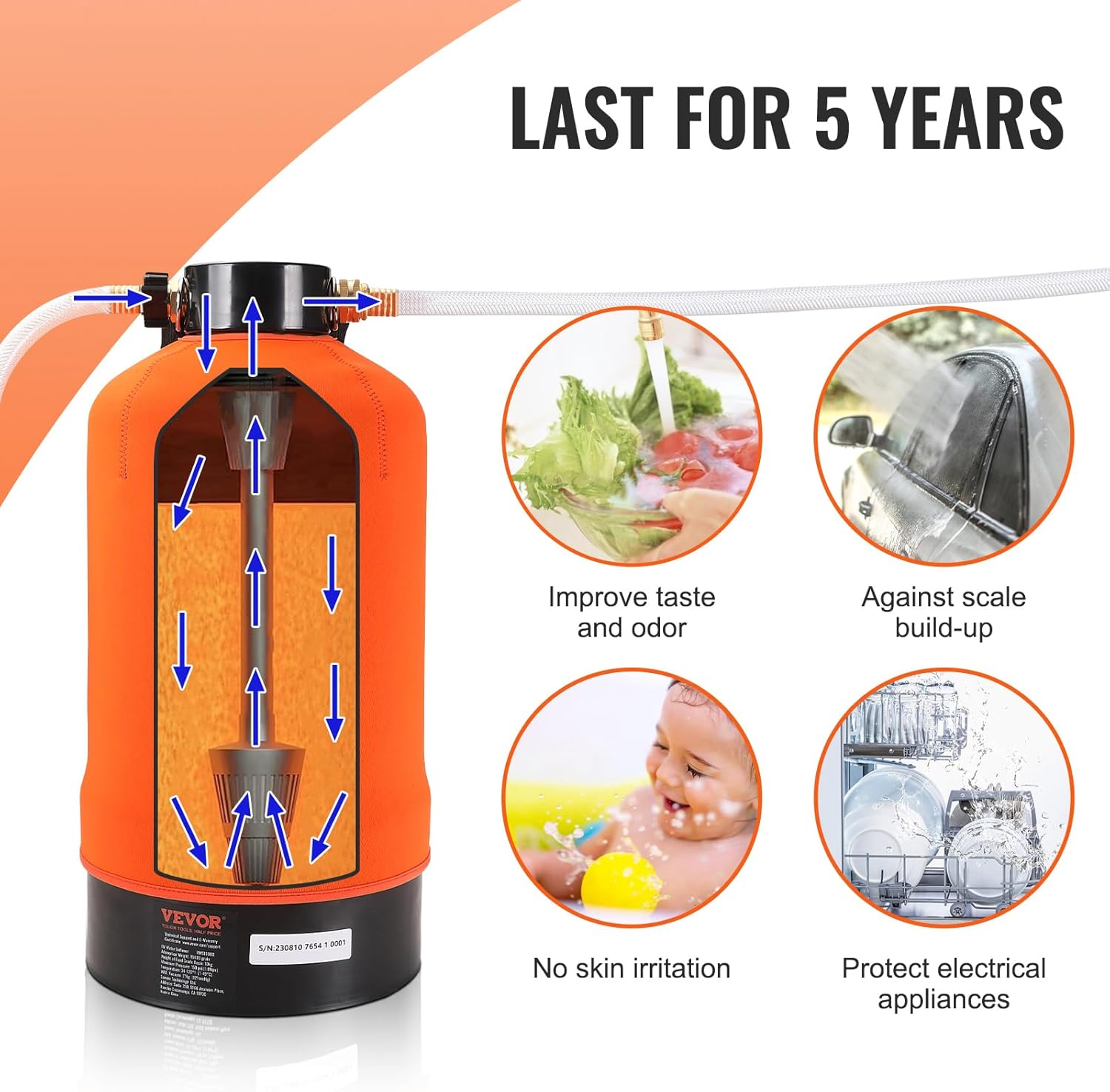 VEVOR RV Water Softener, 16,000 Grain Portable Water Softener, with 3/4" Brass Fittings and 42" Hose, Soften Hard Water Filter System for Rvs, Trailers, Boats, Mobile Car Washing, Pressure Washing image number 2