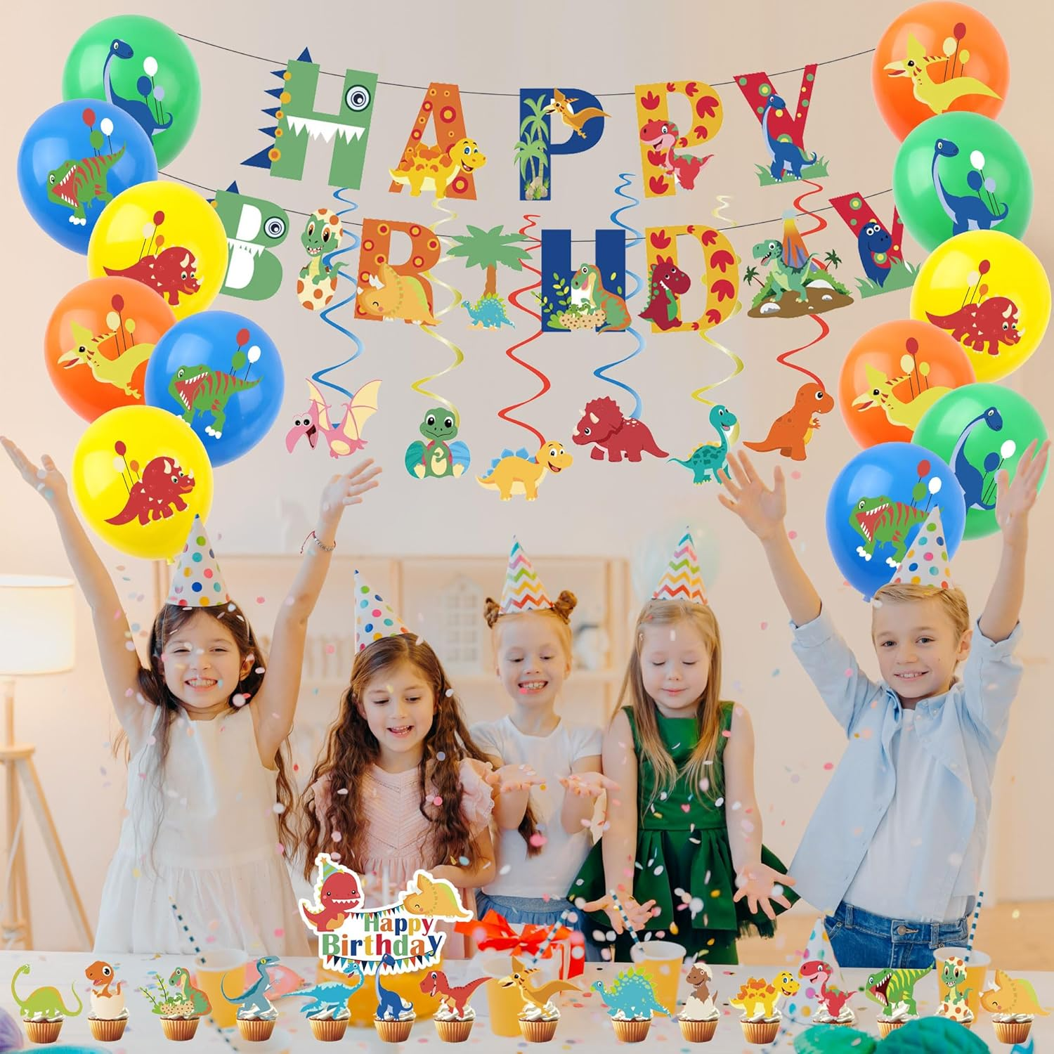 44Pcs Dinosaur Birthday Decorations for Boys Home Dinosaur Party Balloons,Happy Birthday Banner Bunting,Cake Toppers,Dinosaur Hanging Swirls for Kids Baby Shower Cartoon Dino Theme Party Supplies image number 6