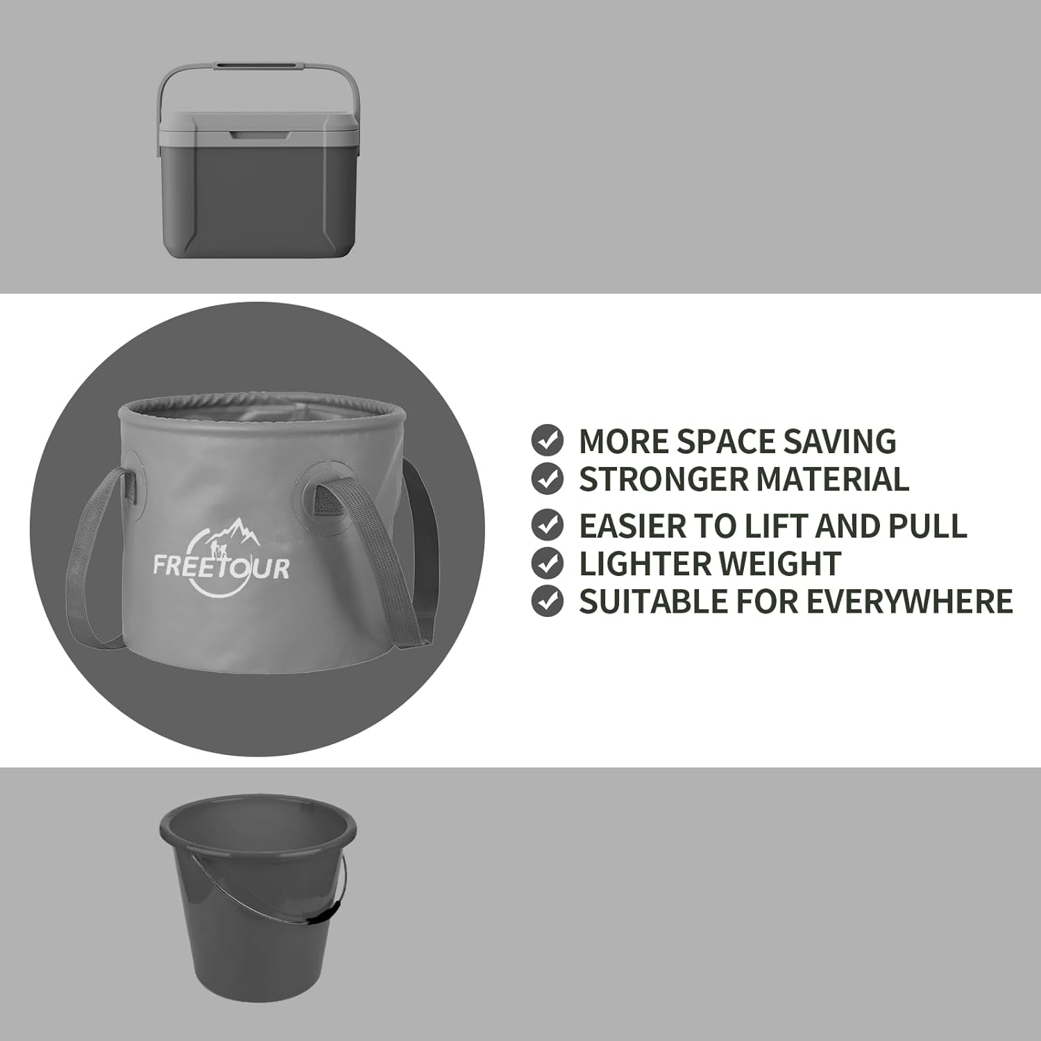 Baiao Water Storage Collapsible Bucket 5 Gallon Bucket, Portable Collapsible Bucket with Handle, Folding Water Container for Fishing Camping Beach Hiking Home Travel Car Washing(20L) (Grey) image number 3