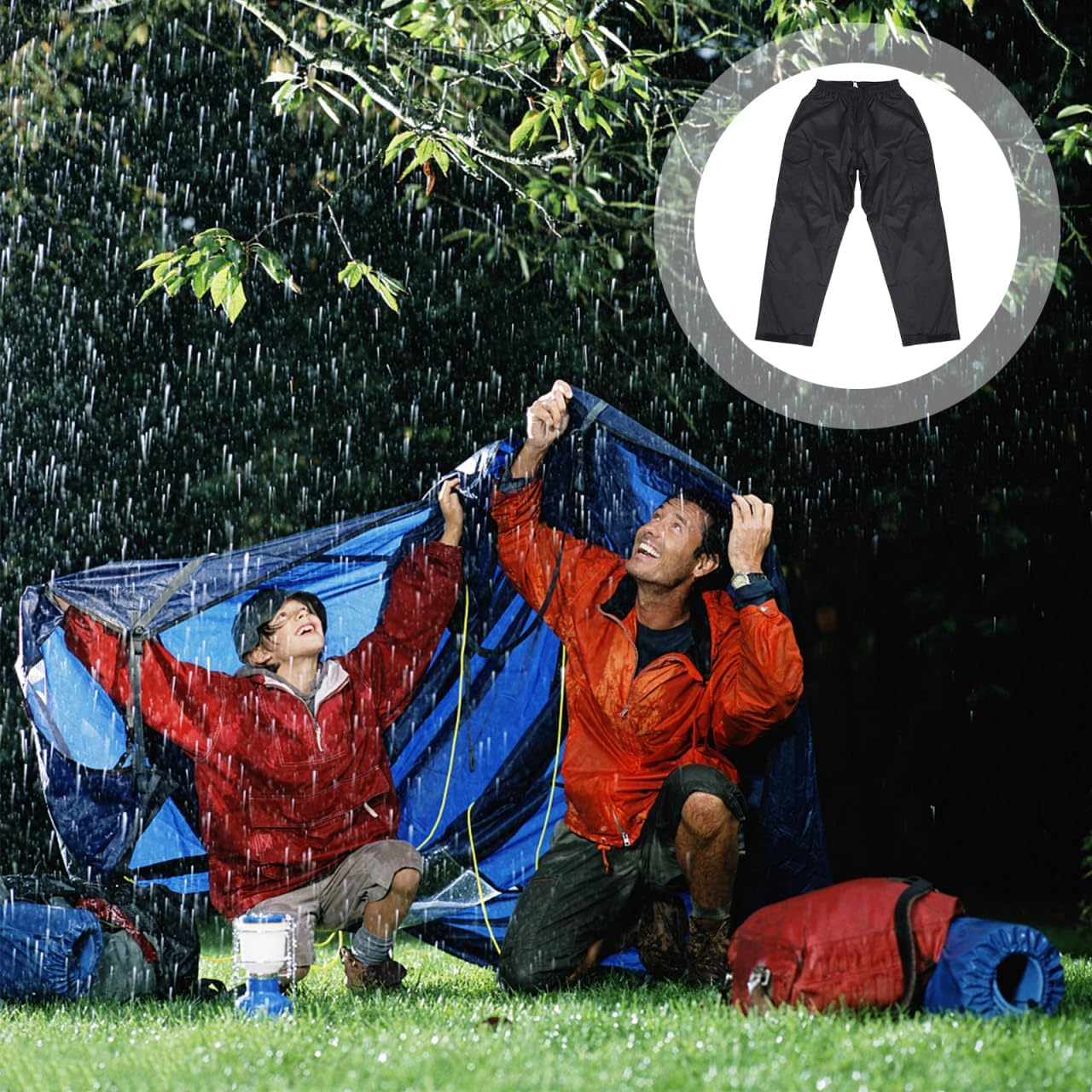 Waterproof Rain Pants for Men and Women Double-Layer Breathable Outdoor Trousers with Elastic Waistband Hiking and Travel Rainproof Pants Black image number 4