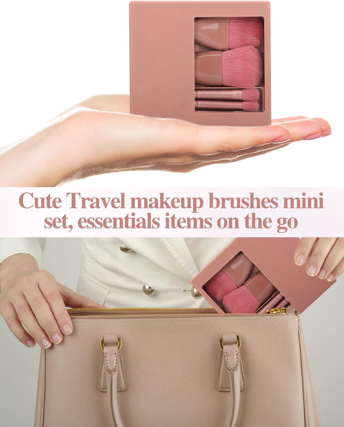 PGRODE Travel Size Makeup Brushes Mini Set with Hard Case and Built-In Mirror, 5Pcs Small Cosmetic Brushes, on the Go Brush Travel Essentials Kits for Women, Girls Gift (Dark Purple) - Light Pink image number 6