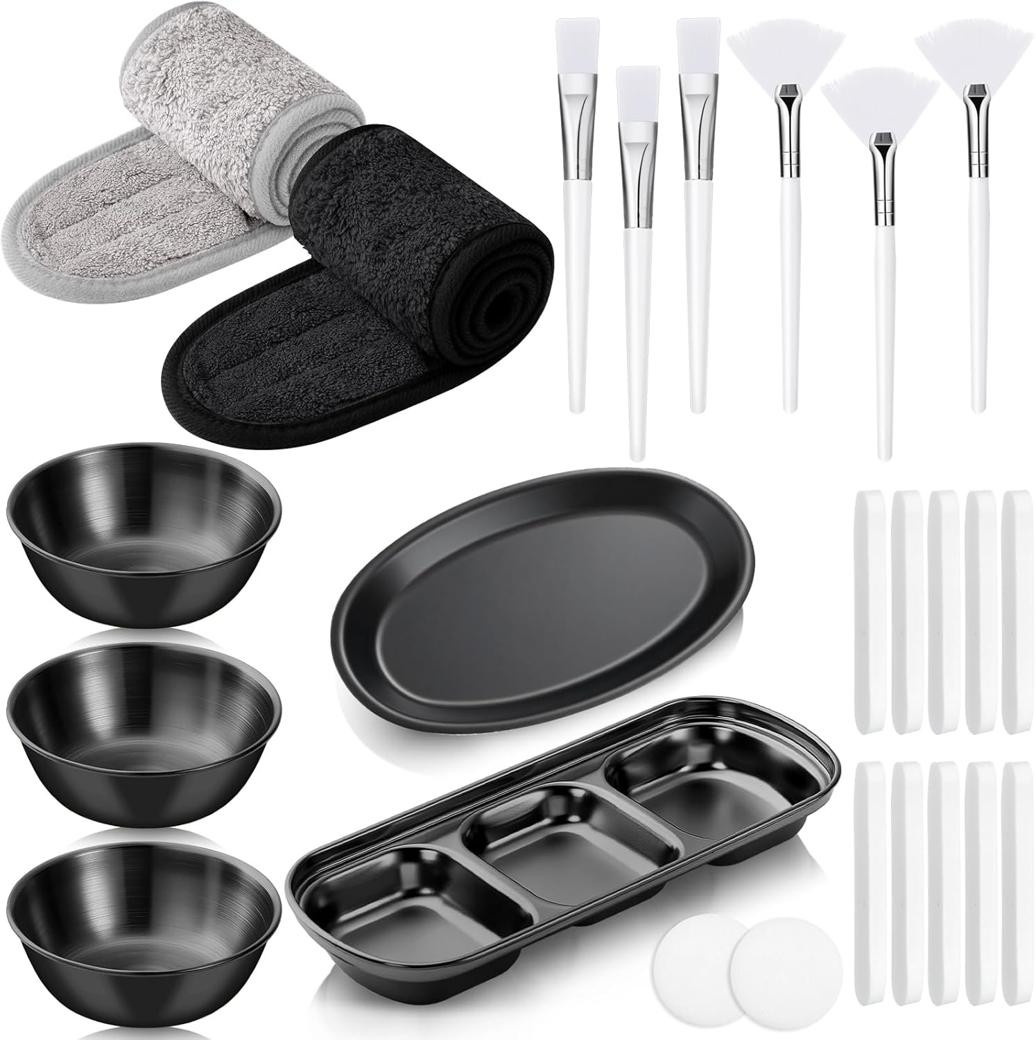 Lemonroad 25 Pcs Esthetician Facial Supplies Set, 3 Stainless Steel Mixing Bowls, 2 Serving Trays, 6 Brushes, 2 Hairbands, 12 Compressed Sponges for Women Facial Mask Spa Home Use (Silver)