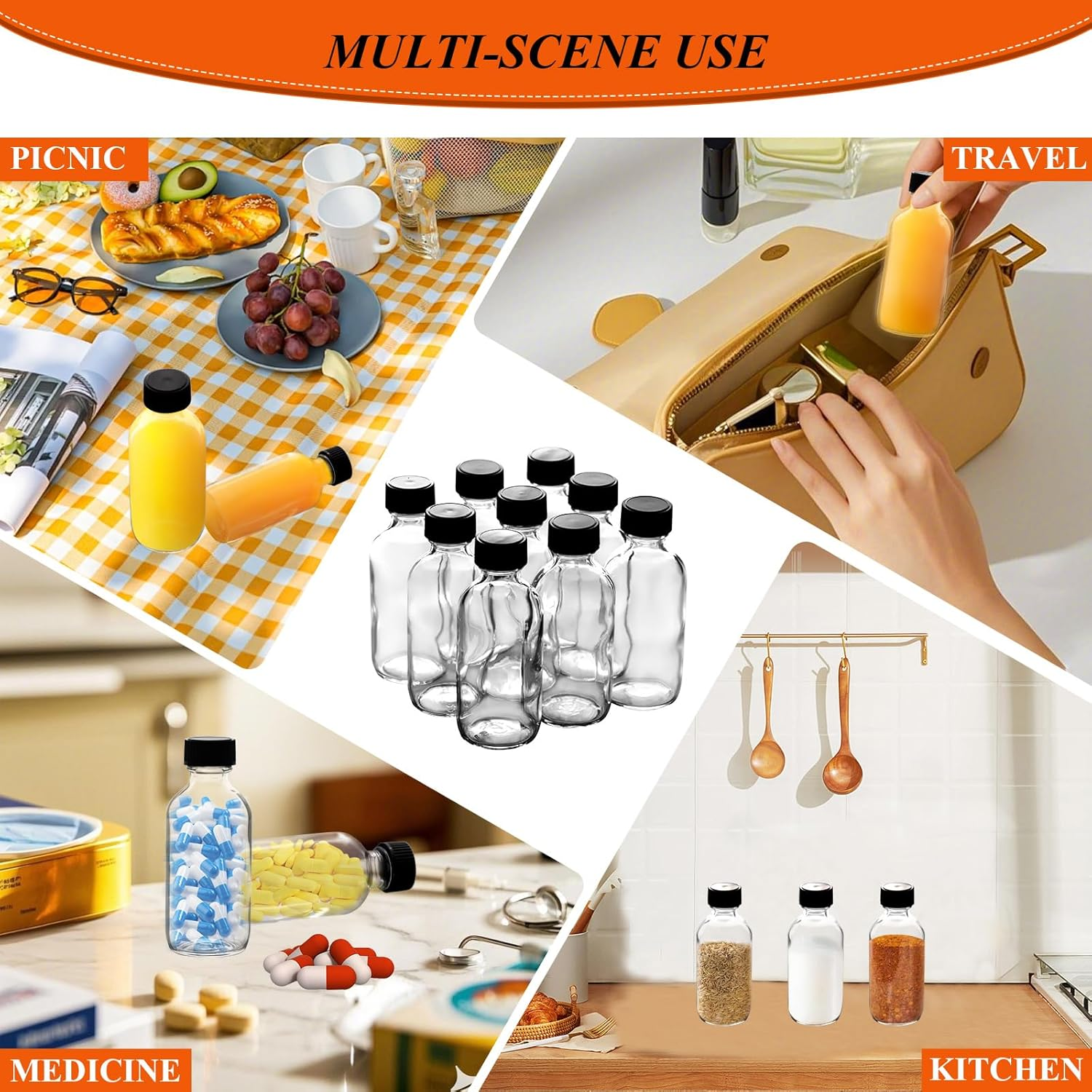 12 Glass Bottles Set with Lid, Small Glass Container with Lid, Spice Jar, Juice Bottle, 60Ml Travel Sample Bottle, with 3 Stainless Steel Funnels, Stickers, Cup Brush, Pen,Packed in a Separate Box