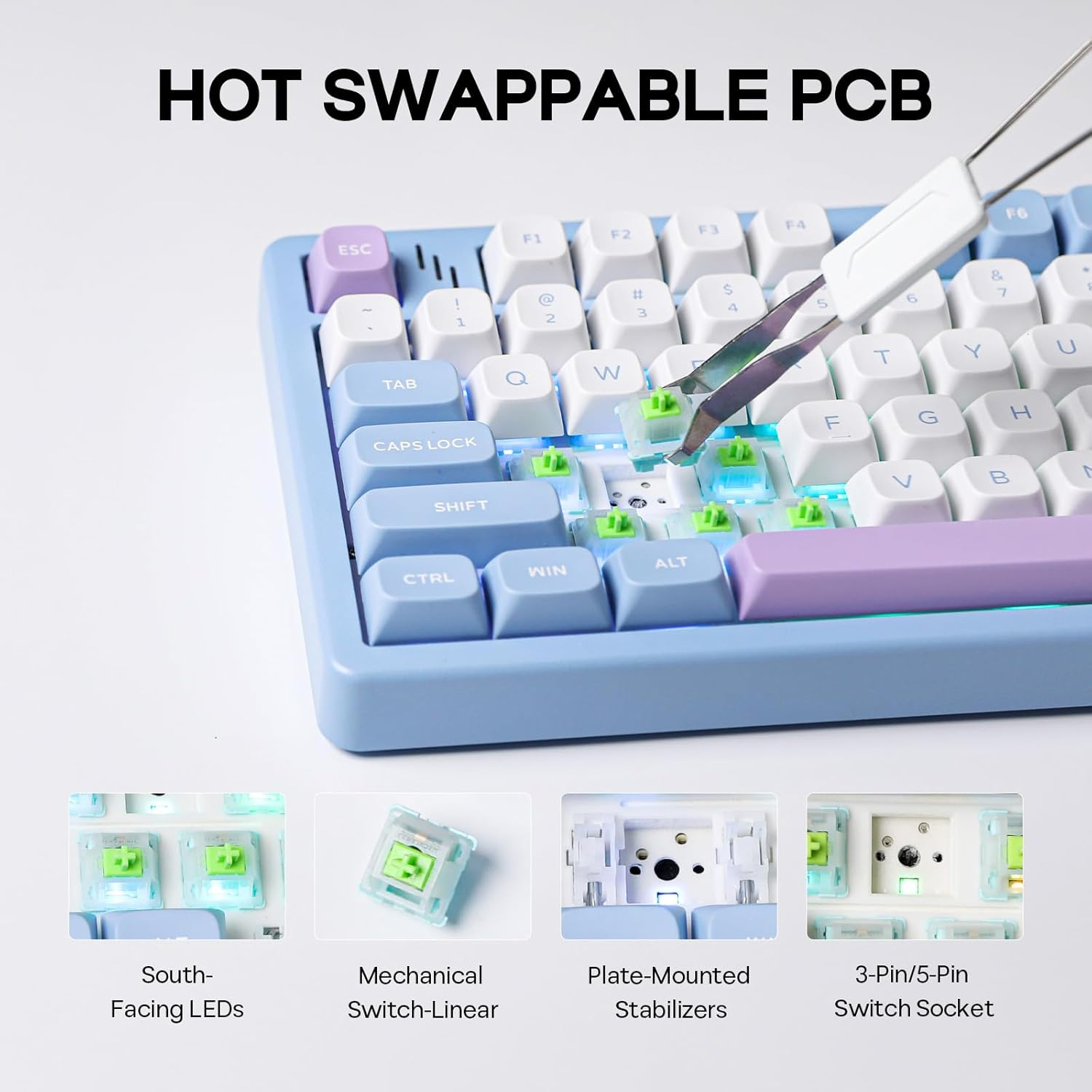 Mechlands Blade101 Wireless Aluminum Gaming Keyboard, Bt5.0/2.4Ghz/Usb-C Hot Swappable Custom Mechanical Keyboard with 8000Mah Battery, Gasket Structure, RGB Backlit, NKRO for Win/Mac (Blue) image number 3