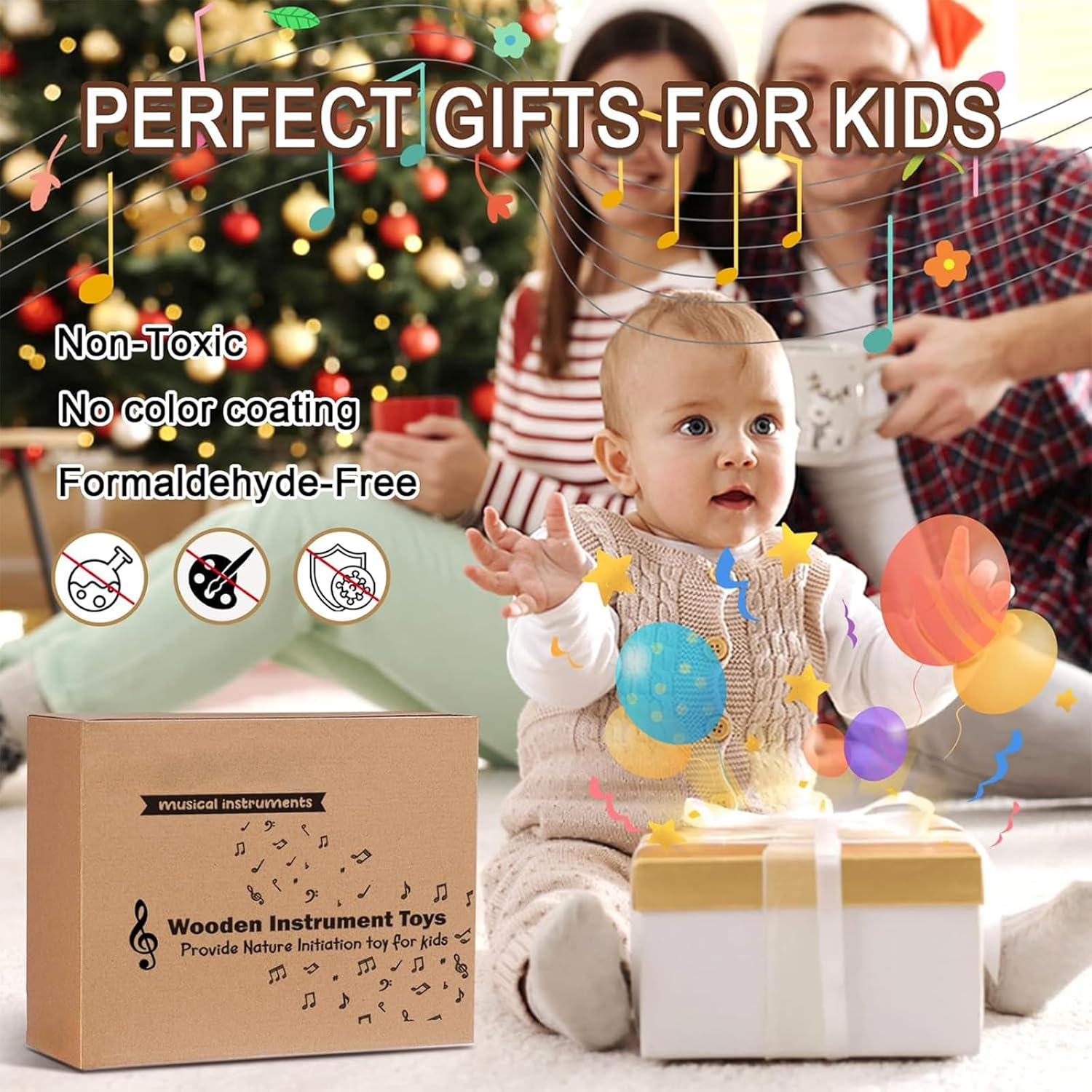 Wooden Kids Musical Instruments for 1-9 Years Old, with Drum, Hand Bells, Flute, Maracas, Castanet, Tamburine, Chime Bar,For Babies and Toddlers, Durable, Safe, Montessori Educational Toy, Storage Bag image number 4