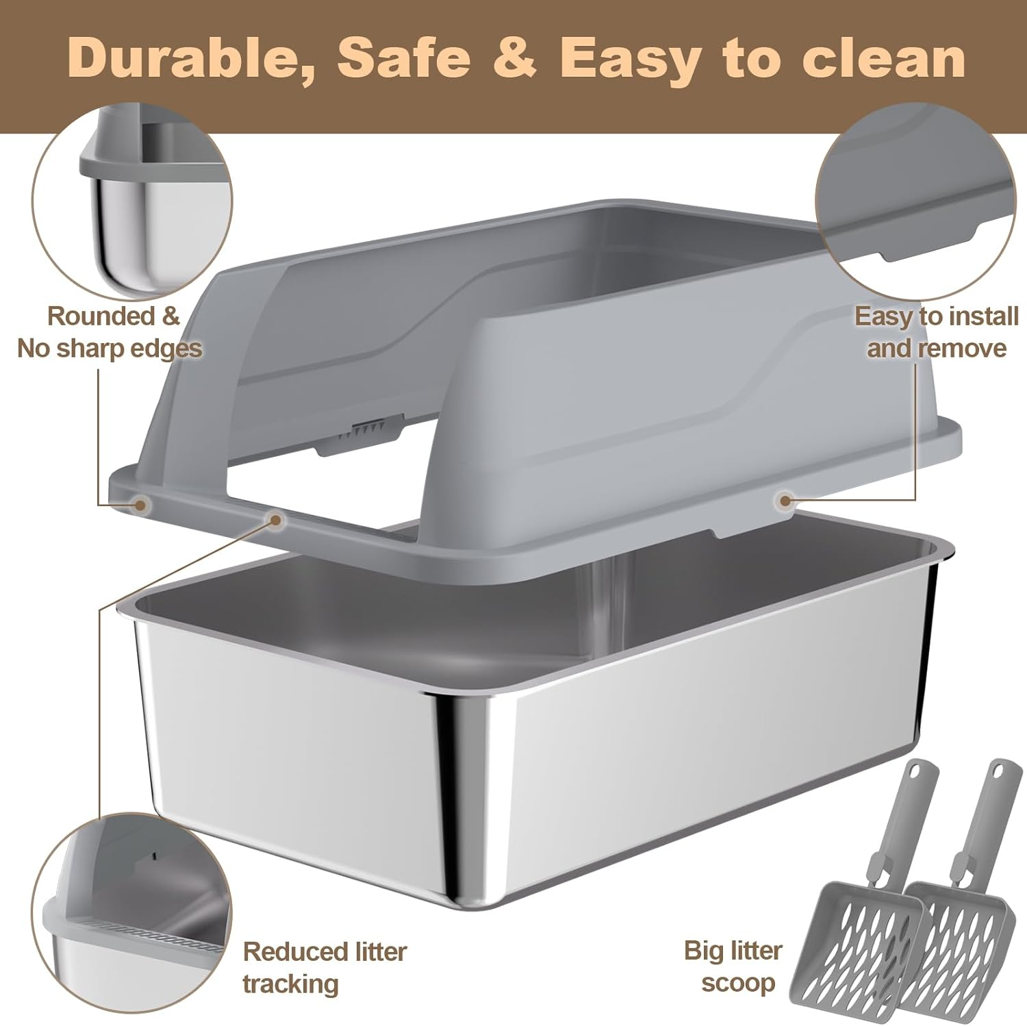 Amibud 2 Pack XL Metal Cat Litter Box with Lid Scoop-Extra Large Stainless Steel Litter Boxes for Big Cats, Kitty Litter Pan Tray Cat Toilet with High Wall Enclosure