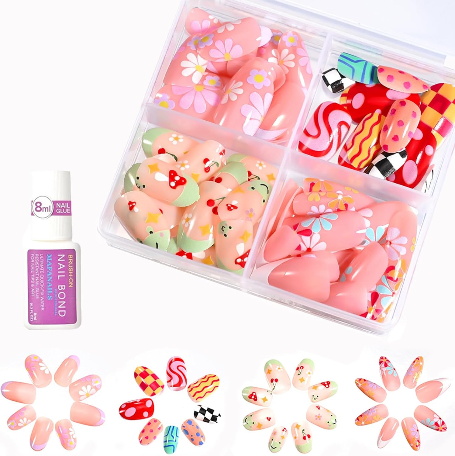 Mrltau 96 Pcs Kids Nails, Sweet Artificial Nails for Sticking, Designs of Flowers, Cherries, Dots and Lines, Artificial Nails Gift for Girls, Press on Nails Children image number 4