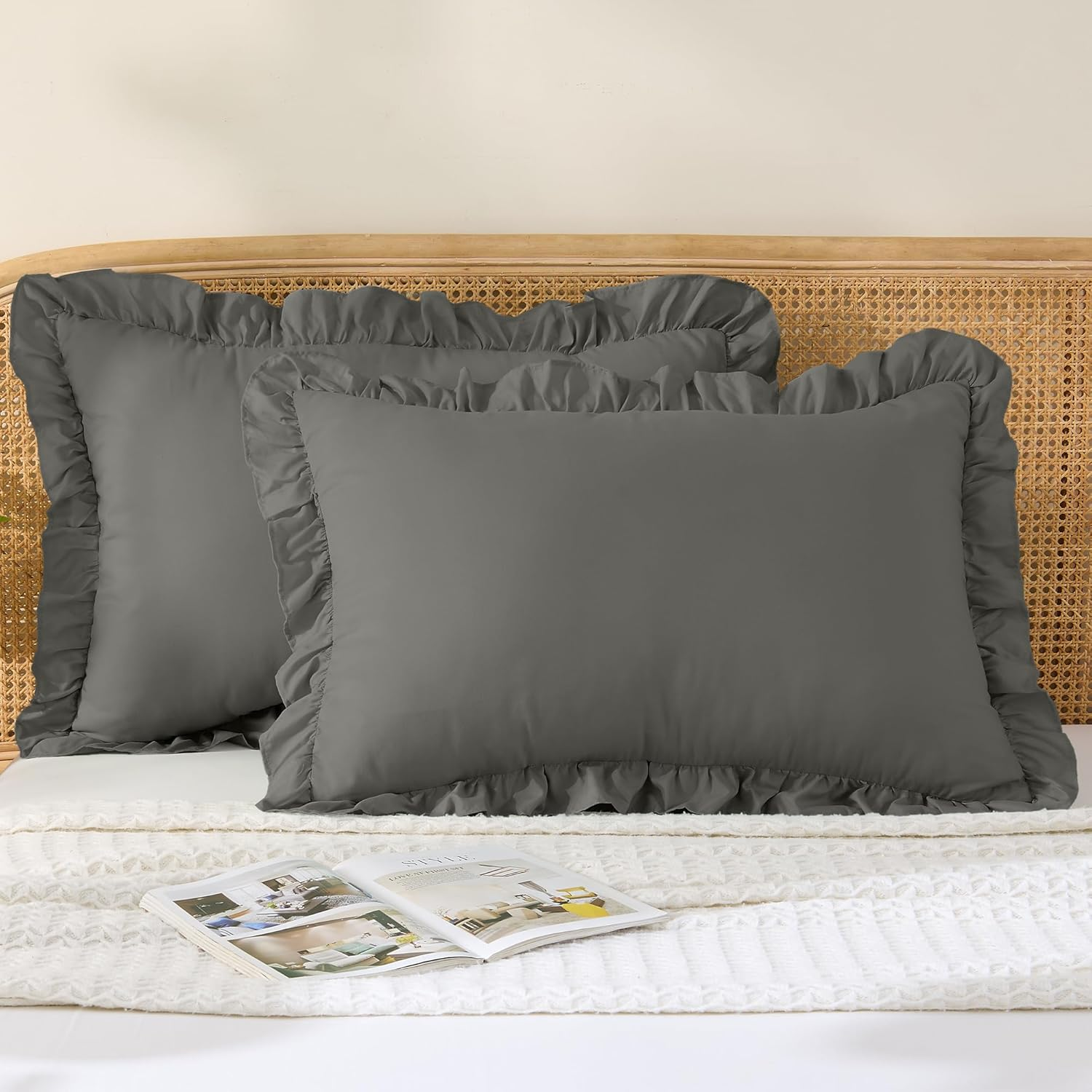 LINENOVA Ruffled Pillow Cases Set of 2 - Standard Size 48X74Cm - Ultra Soft Microfiber 2000TC Pillowcase - Pillow Cover with Envelope Closure - Sage Green