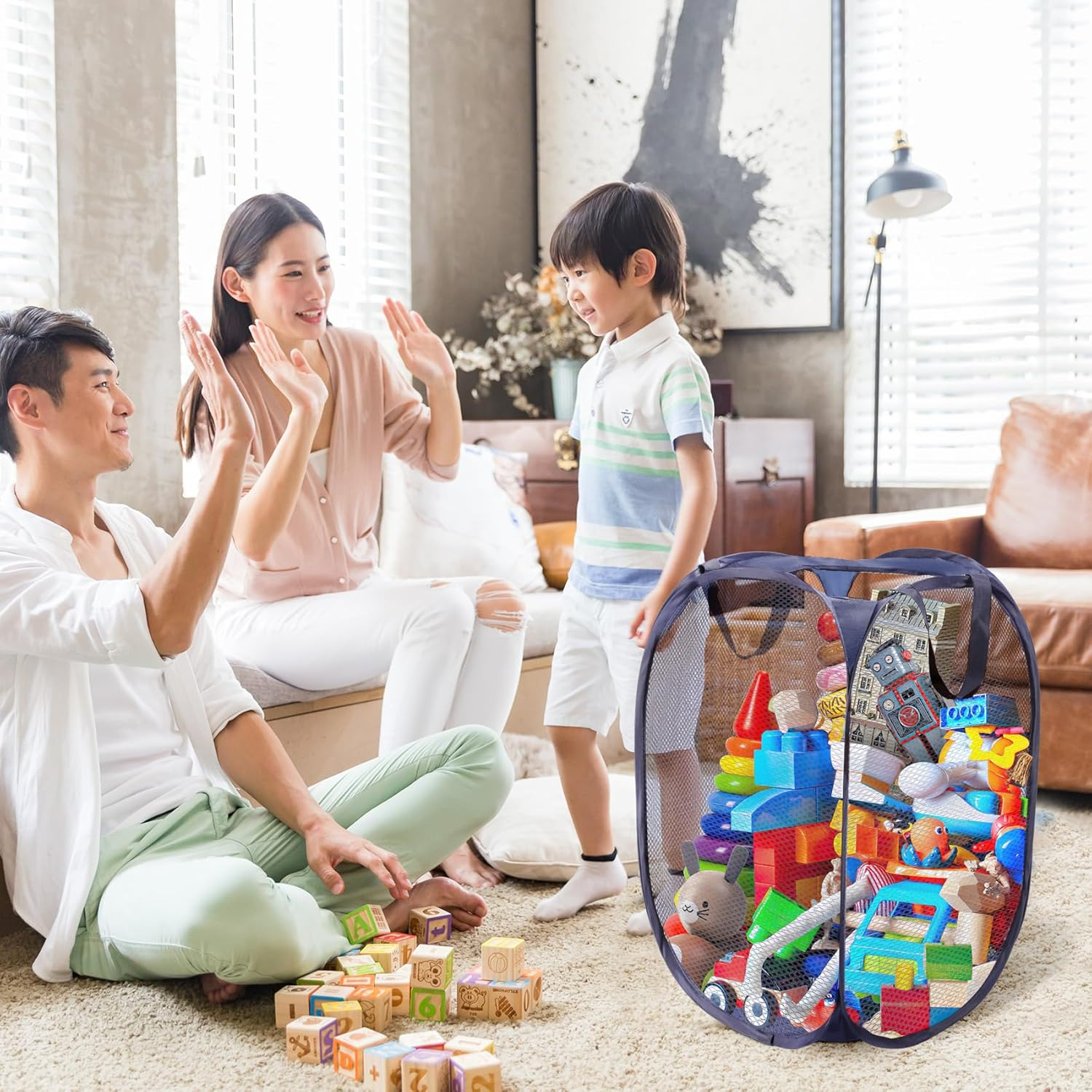 Annhua Collapsible Laundry Basket 75L Mesh Hamper with Handles, Portable Washing Bin with round Opening for Home, Travel & Bathroom - White image number 3