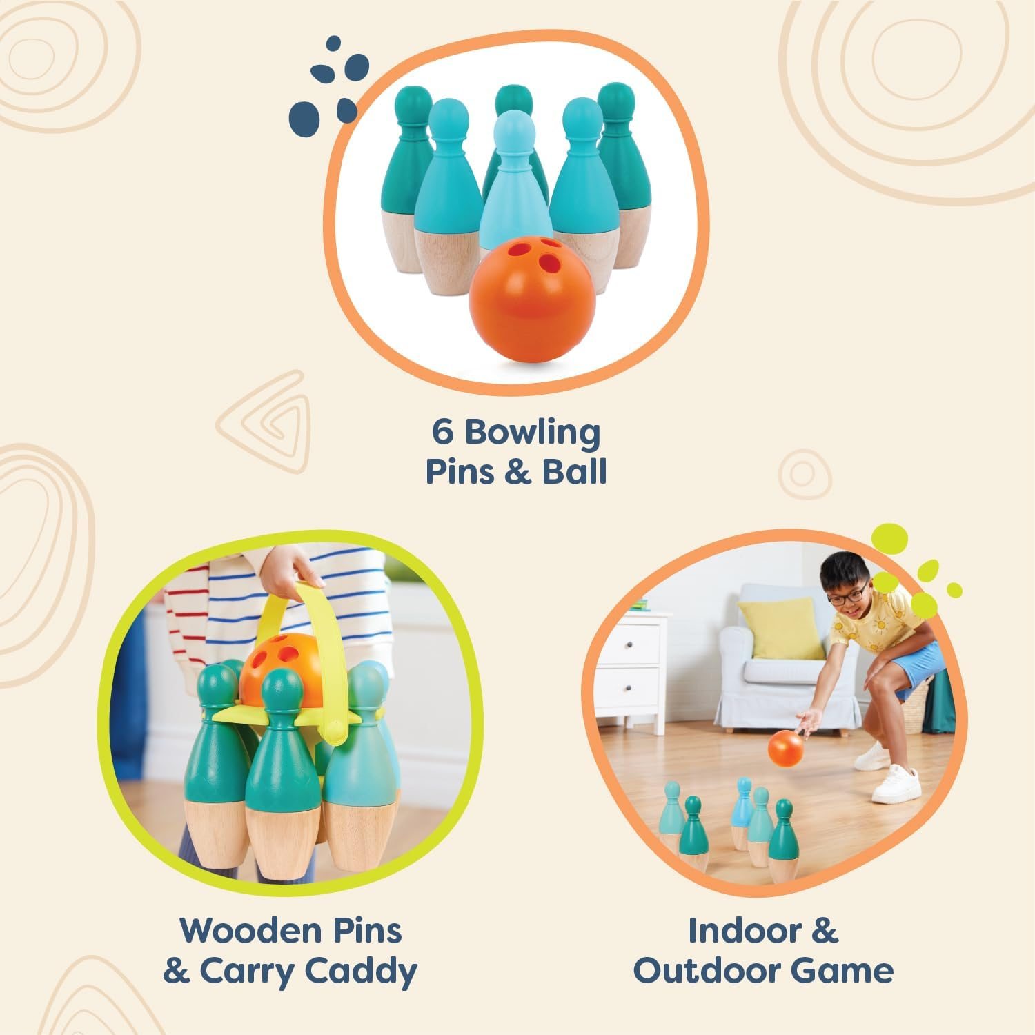 B. Toys &ndash; Kids Bowling Set &ndash; 6 Pin & Ball &ndash; Wooden Pins & Carry Caddy &ndash; Family Activities & Games &ndash; 2 Years &ndash; image number 2