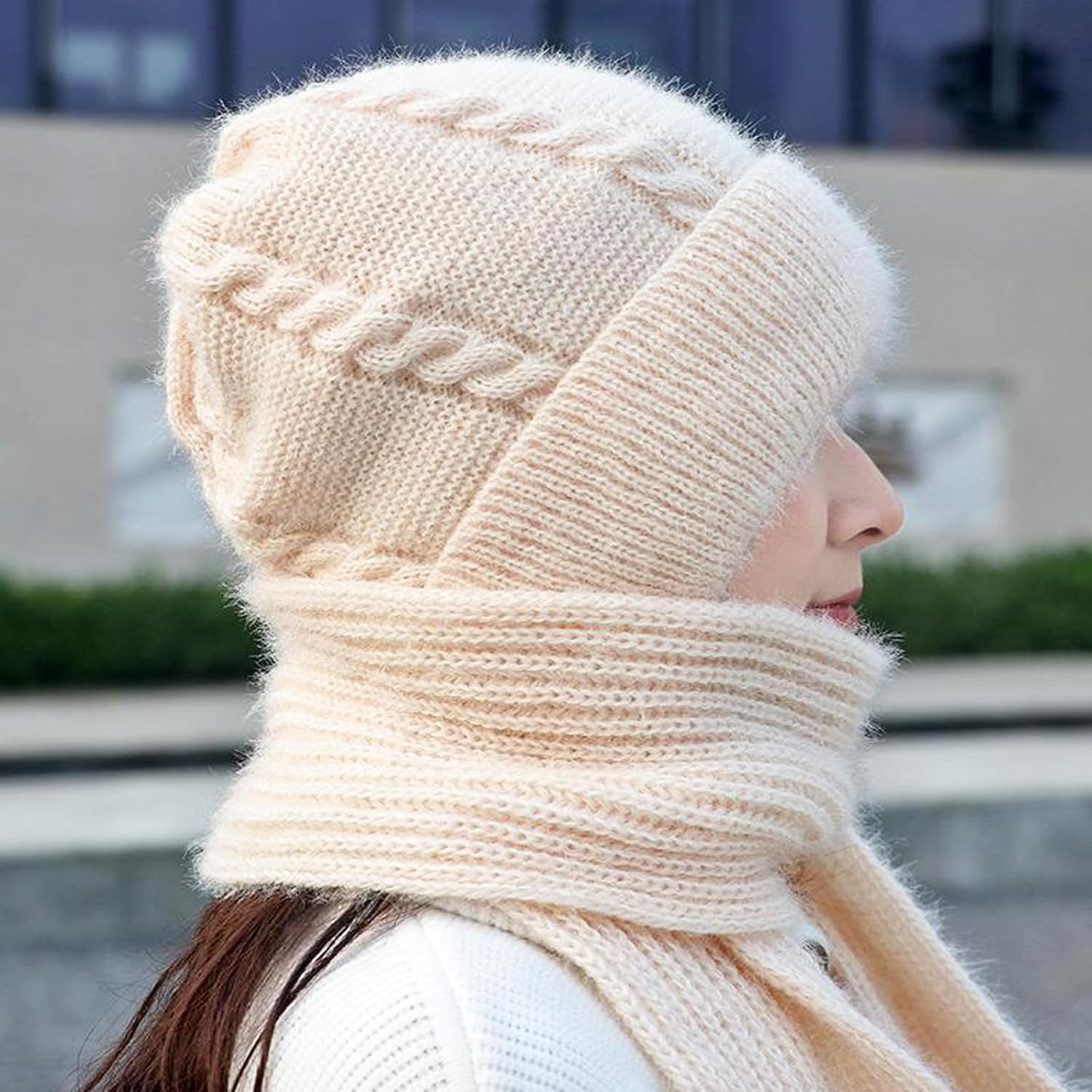 Lopsity Winter Warm Knitted Hat for Women Integrated Ear Protection Windproof Cap Scarf Knitting Thick Winter Knitted Hat for Women 2 in 1 Winter Warm Knitted Hat Scarf image number 2