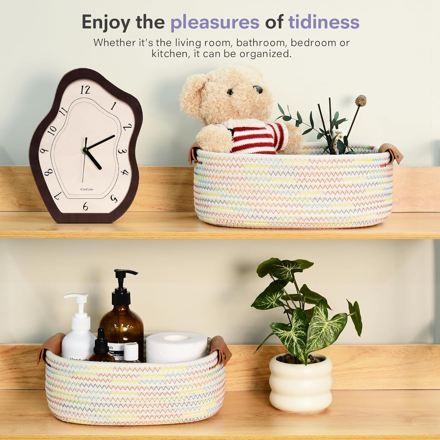 Storage Basket Set of 5 - Cotton Rope Baskets with Leather Handles - Small Woven Basket for Organizing, Nursery, Bathroom Shelves or Bedroom Decor (Rainbow) - Black image number 7