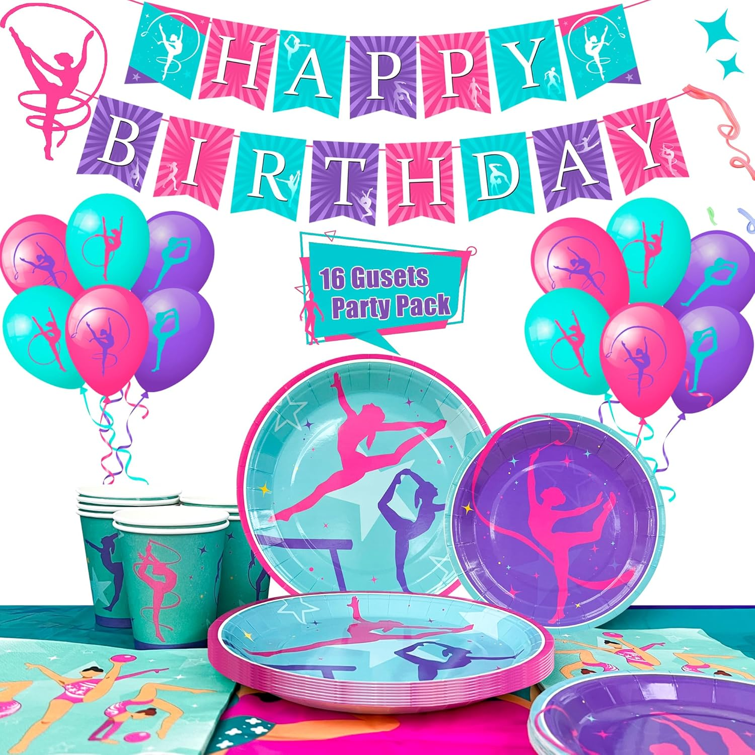 Gymnastics Birthday Party Supplies, Gymnastics Party Decorations Tableware Kit Gymnastics Plates and Napkins Cups Tablecloth Balloons Banner Etc Gymnastics Decorations for Birthday Party, 16 Guests image number 6