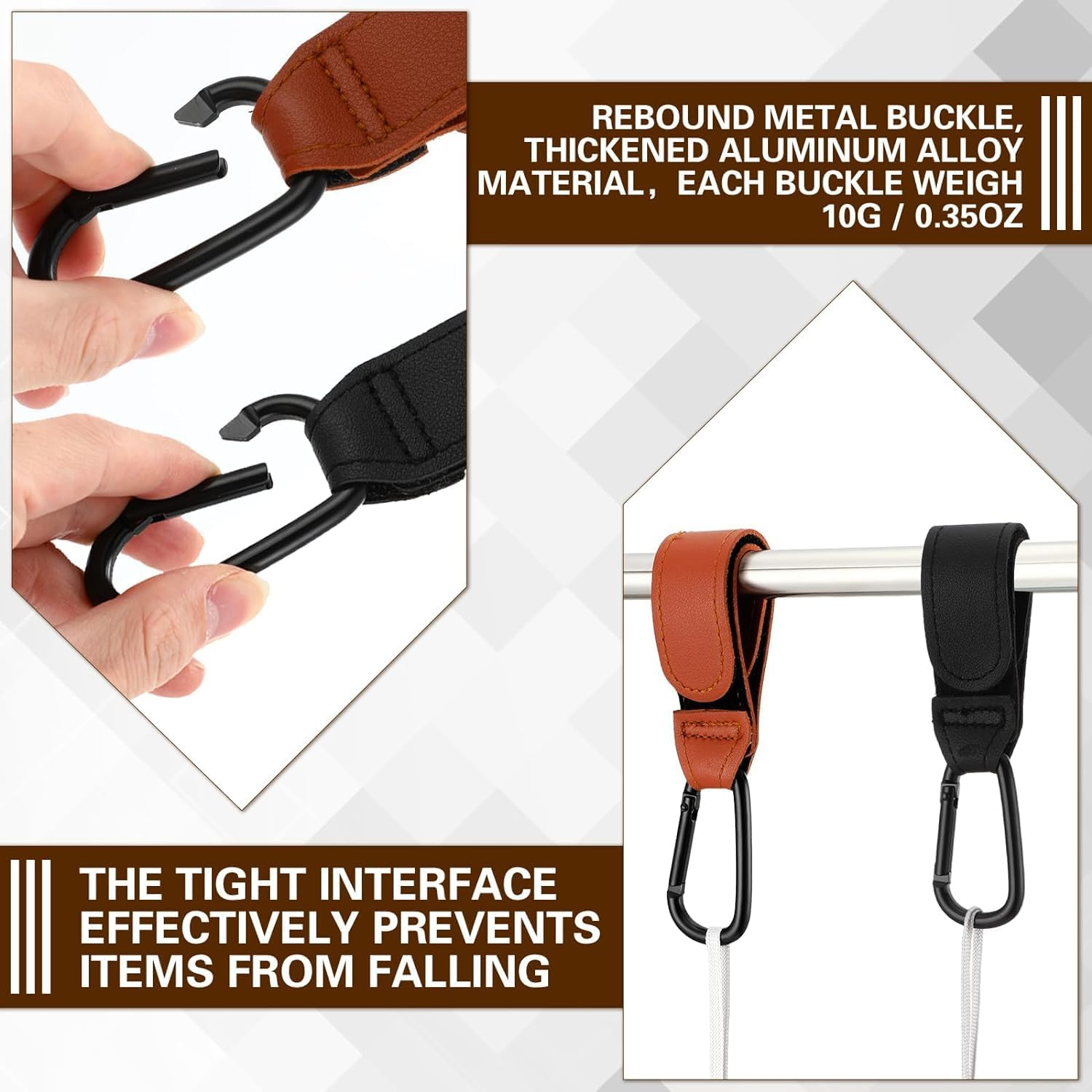 Leather Stroller Hooks Premium Buggy Clips with Carabiner Design Easy-Attach Pushchair Clips for Diaper Bags, Groceries and More Universal, Heavy-Duty, No-Slip Stroller Accessories