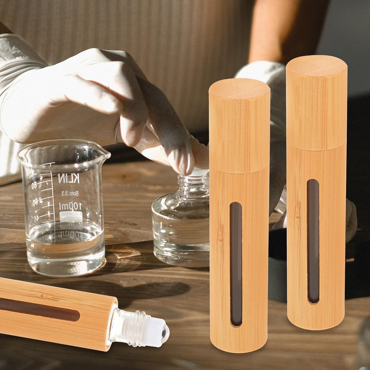 LALADEFIEE 3Pcs 10Ml Bamboo Roll on Bottles for Essential Oils and Perfume Small Empty Travel Roller Bottles with Window Design Refillable Sub for Aromatherapy image number 4