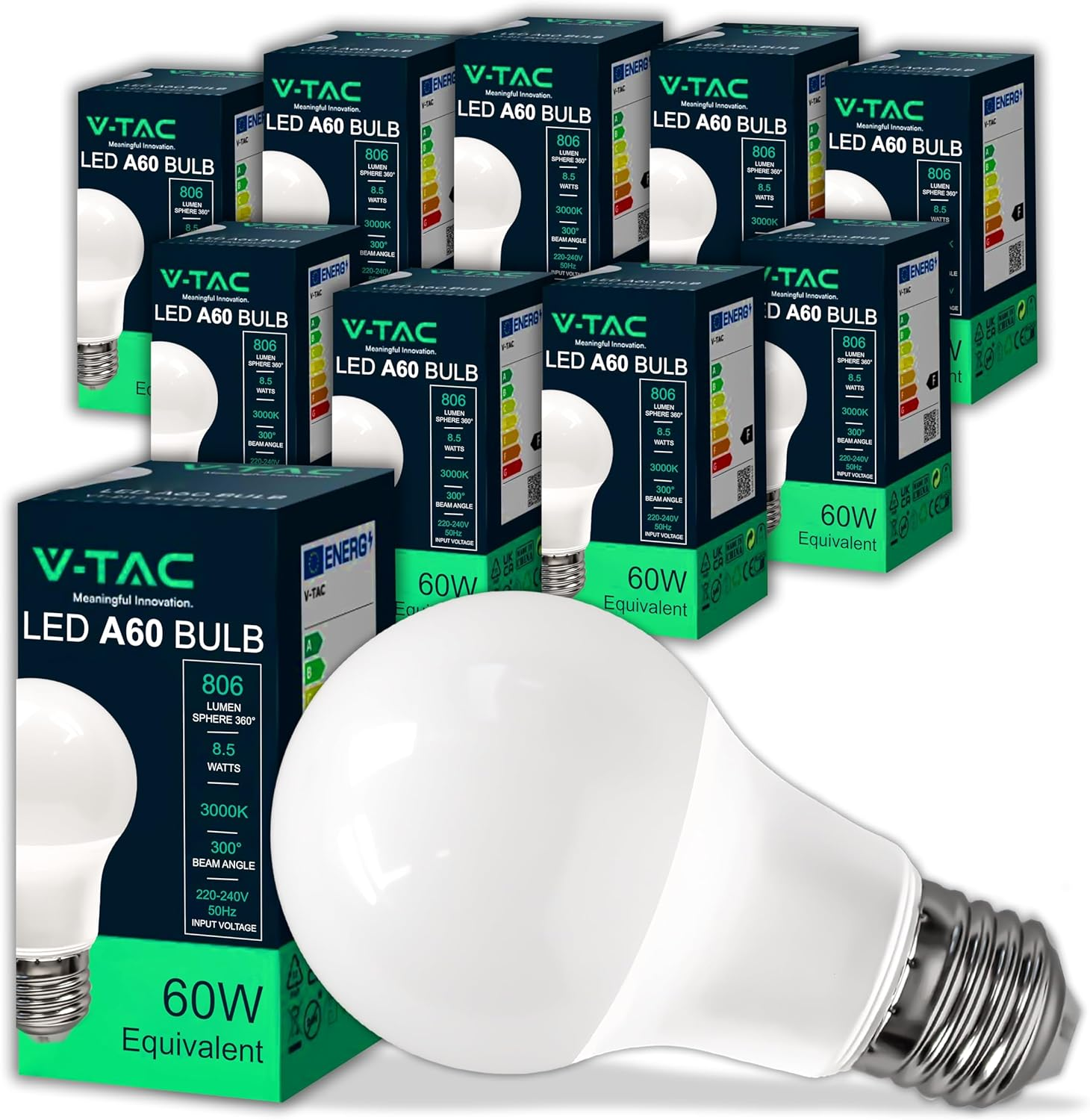 V-TAC 10 X E27 8.5W (60W Equivalent) A60-806 Lumen LED Light Bulbs - 200&deg; Beam Opening - Maximum Efficiency and Energy Saving - 3000K Warm White image number 6
