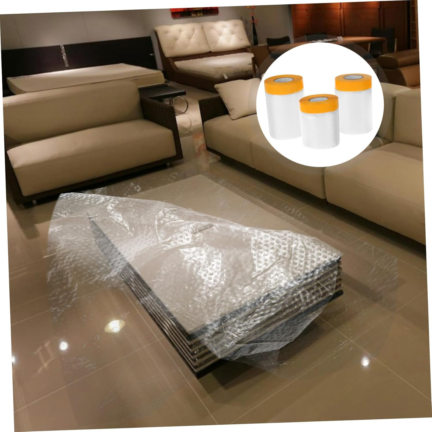 Pre-Taped Masking Film 3 Rolls Adhesive Protective Plastic Sheeting for Automotive Painting 30Cm 40Cm 55Cm for Home Renovation and Furniture Protection image number 5