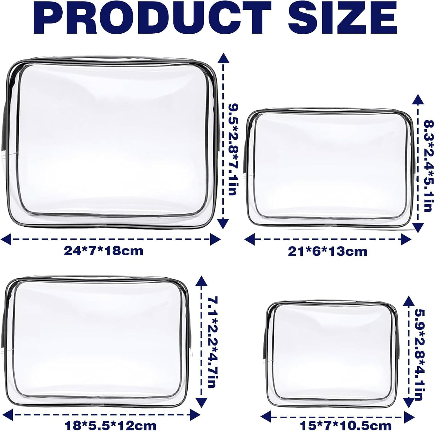 4 Pack Clear Waterproof Toiletry Bags with Zippers for Travel, Beach Vacation & Bathroom (Black) image number 3