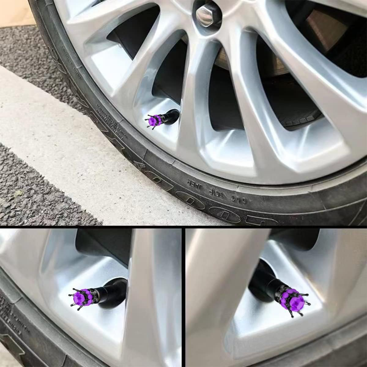 Crown Tire Valve Stem Caps, 4Pcs Handmade Bling Rhinestone Car Stem Air Caps Cover, Dustproof Tire Valve Caps for Bike Motorcycle Wheels, Auto Exterior Accessories for Girl Women (Black/Purple) - Black/Black image number 5