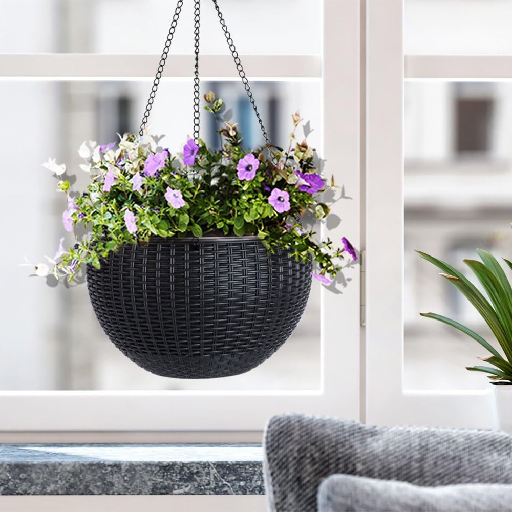 Vencer 11 Inch round Resin Self Watering Hanging Basket,Water Indicator,Modern Decorative Planter Pot for All House Plants,Black,Vf-050B - Black image number 5