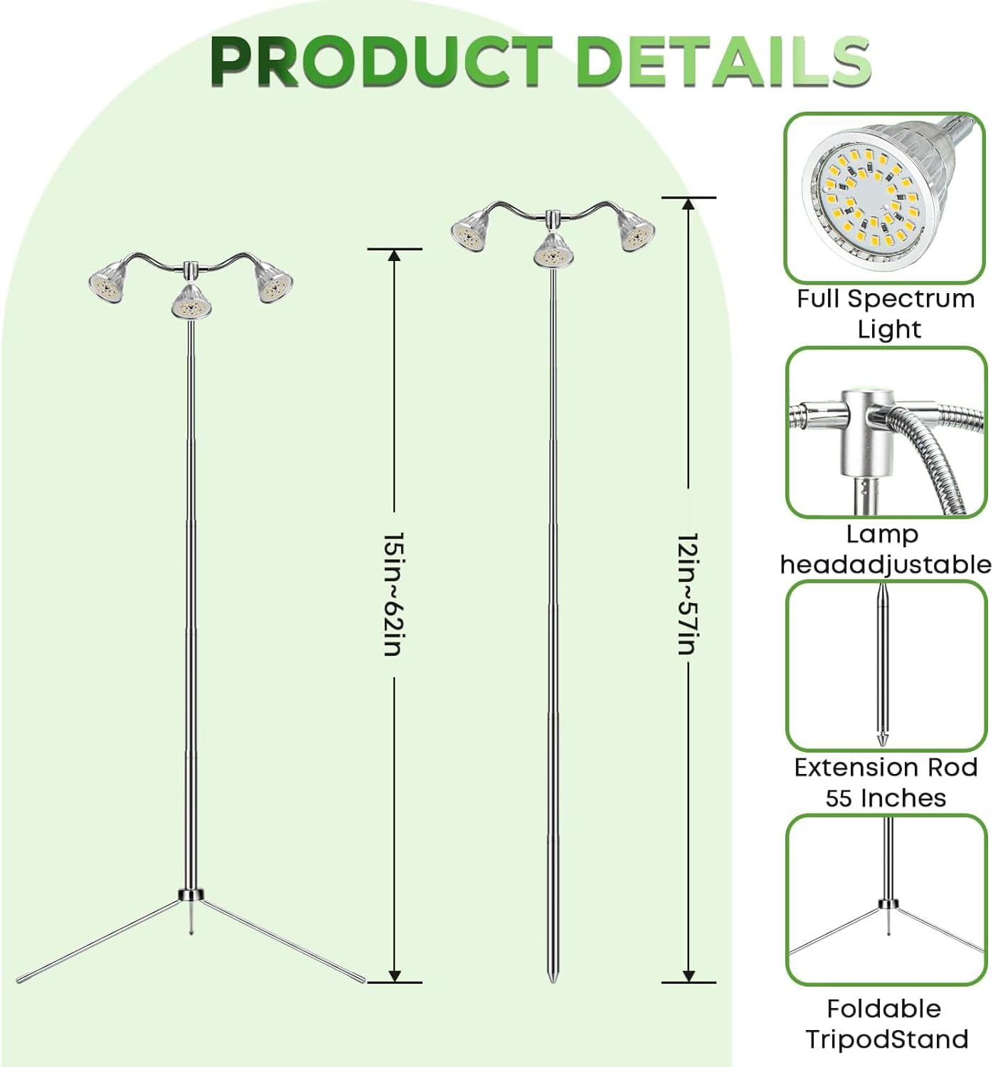 Grow Lights for Indoor Plants Full Spectrum, 15-62 Inches Height Adjustable Plant Lights with Detachable Tripod Stand, Automatic Timer for 3H/9H/12H - Three Heads image number 3