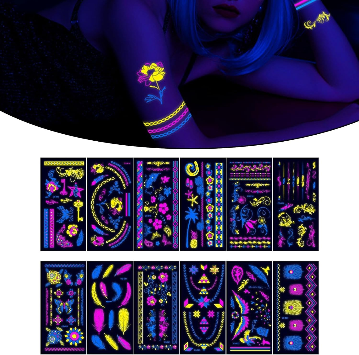 12 Pieces Glow in the Dark Tattoos, Reactive Luminous Gifts, Temporary Tattoos for Raves, Style A - Style B image number 6