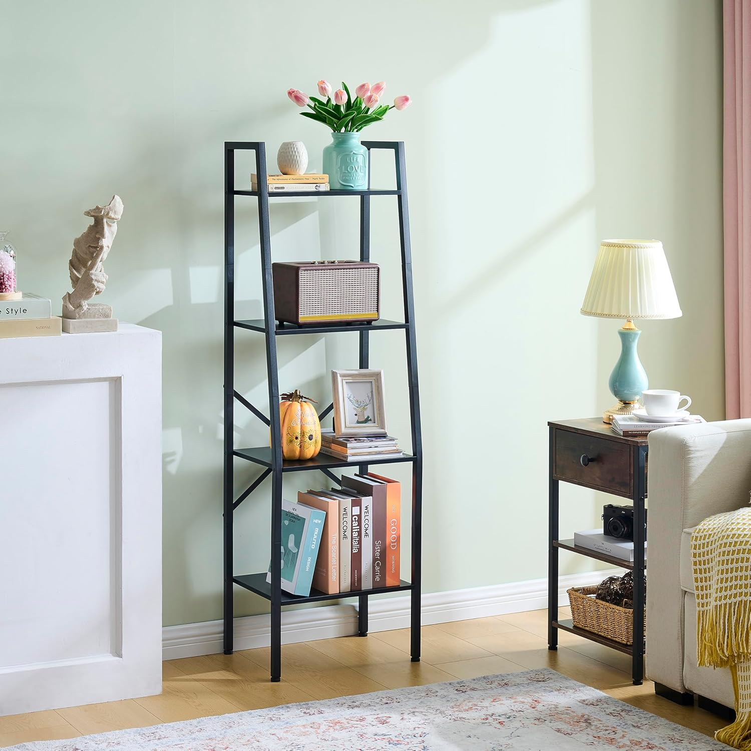 Hoctieon Ladder Shelf Bookcase, 4-Tier Ladder Bookshelf, Tall Bookshelf with Metal Frame, Industrial Bookshelf Ladder, for Living Room, Kitchen, Home Office, Bedroom, Simple Assembly, Black image number 2