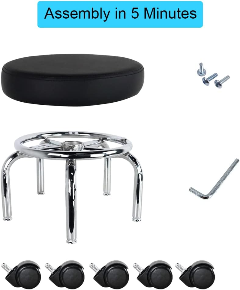 WKWKER Modern Roller Seat PU Leather Low round Rolling Stool 360&deg; Swivel Small Stool with Universal Caster Wheels Foot Stool for Home Office Garage Shop Fitness Sport H：12.4" （Black） image number 5