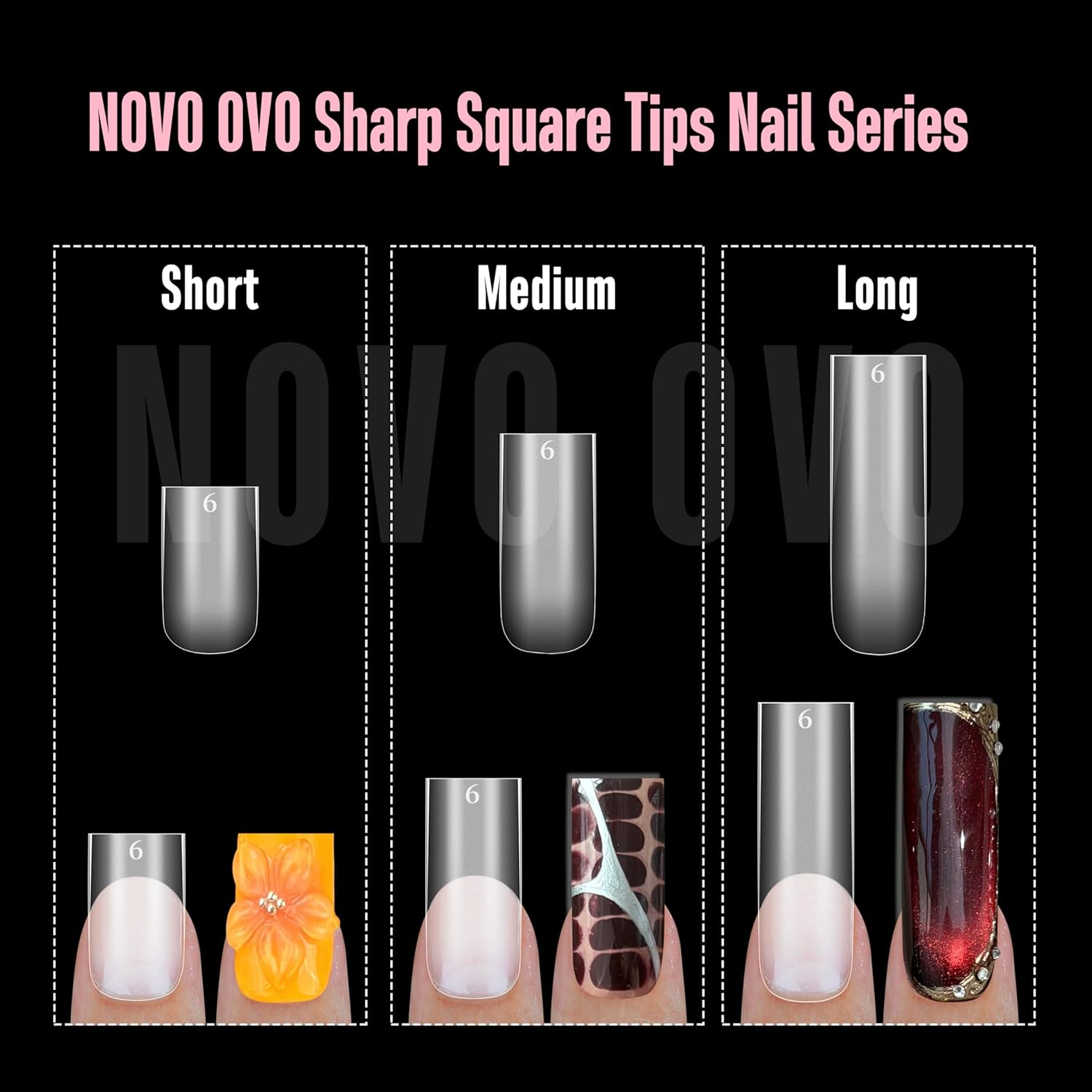 NOVO OVO Sharp Square Long Nail Tips, Press On, Natural (Not Sculpted), No C Curve, Soft Gel Double Matte Clear Artificial Extension, Full Cover for Salon DIY, 15 Sizes, Pack of 180 - Long Sharp Square Clear Nail Tips 180_Eu image number 5