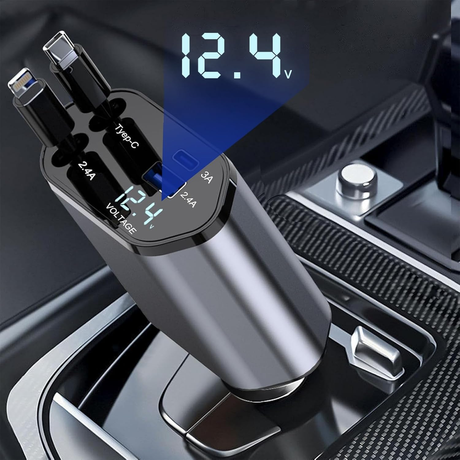 Retractable Car Charger, 4 in 1 Fast Charging Car Charger 120W, Retractable Cable and 2 USB Ports Car Charger Adapter for Iphone 16 15 14 13 Pro Max, Galaxy S23 image number 4