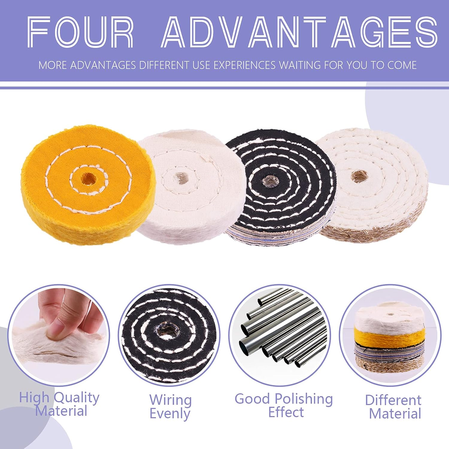 Swpeet 3" Buffing Polishing Wheels Polish Pad 8Pcs Kit with 3Pcs Polishing Compounds and 1/4" Drill Shank, White Cotton(50Ply)/ Yellow Cotton(36Ply)/Coarse Linen/Denim Wheels for Bench Grinder image number 3
