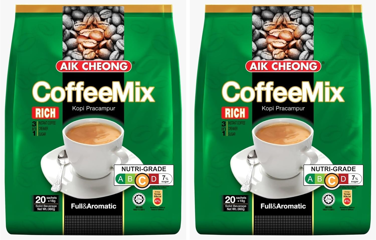 Aik Cheong 3 in 1 Coffee Mix Rich | Instant Coffee with Sugar and Creamer | Smooth, Creamy and Satisfying Beverage | Quick and Easy to Prepare | 18 G X 20 Sachets - 360 G (Pack Of 2)