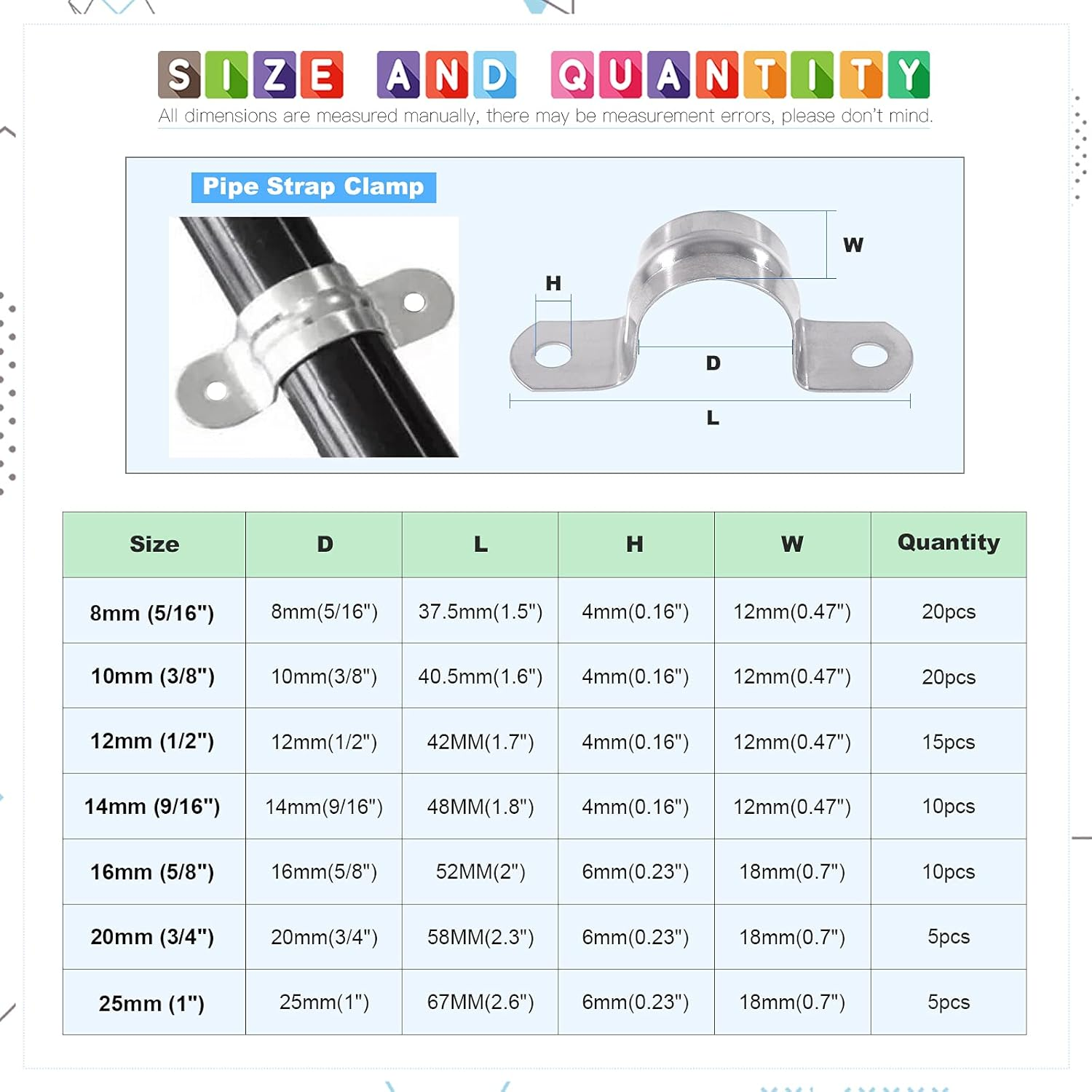 Glarks 85Pcs Pipe Strap Clamp Set M8 M10 M12 M14 M16 M20 M25 304 Stainless Steel Two Hole Strap Heavy Duty Rigid Pipe Strap U Bracket Tube Strap Assortment Kit for Pipe Tube Fixing image number 4