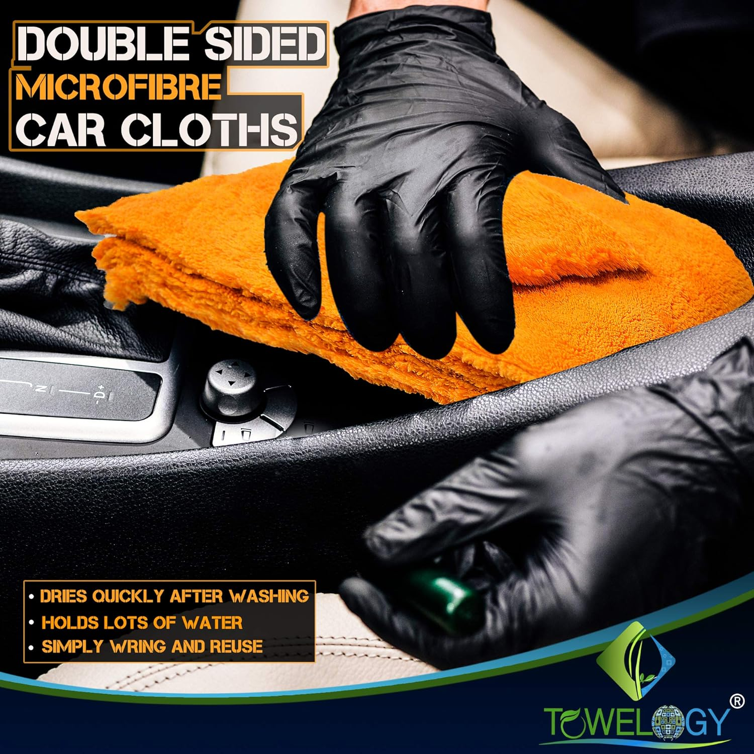 Towelogy&reg; 520Gsm Professional Microfibre Edgeless Car Cloths QUICK DRY for Auto/Moto Detailing Polishing Washing STREAK FREE & LINT FREE 40X40Cm (Grey/Orange, Pack of 2) image number 2