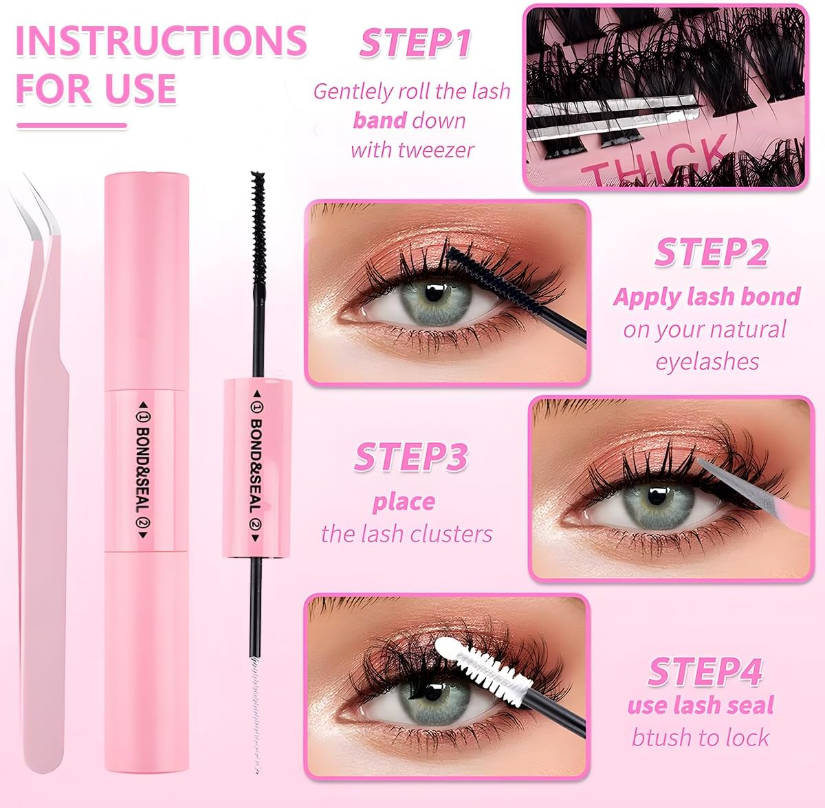 JZS Lash Extensions Cluster DIY Kit - 200Pcs 40D 60D Individual Lashes, 8-16Mm, with Bond & Seal Glue and Applicator,40P image number 5