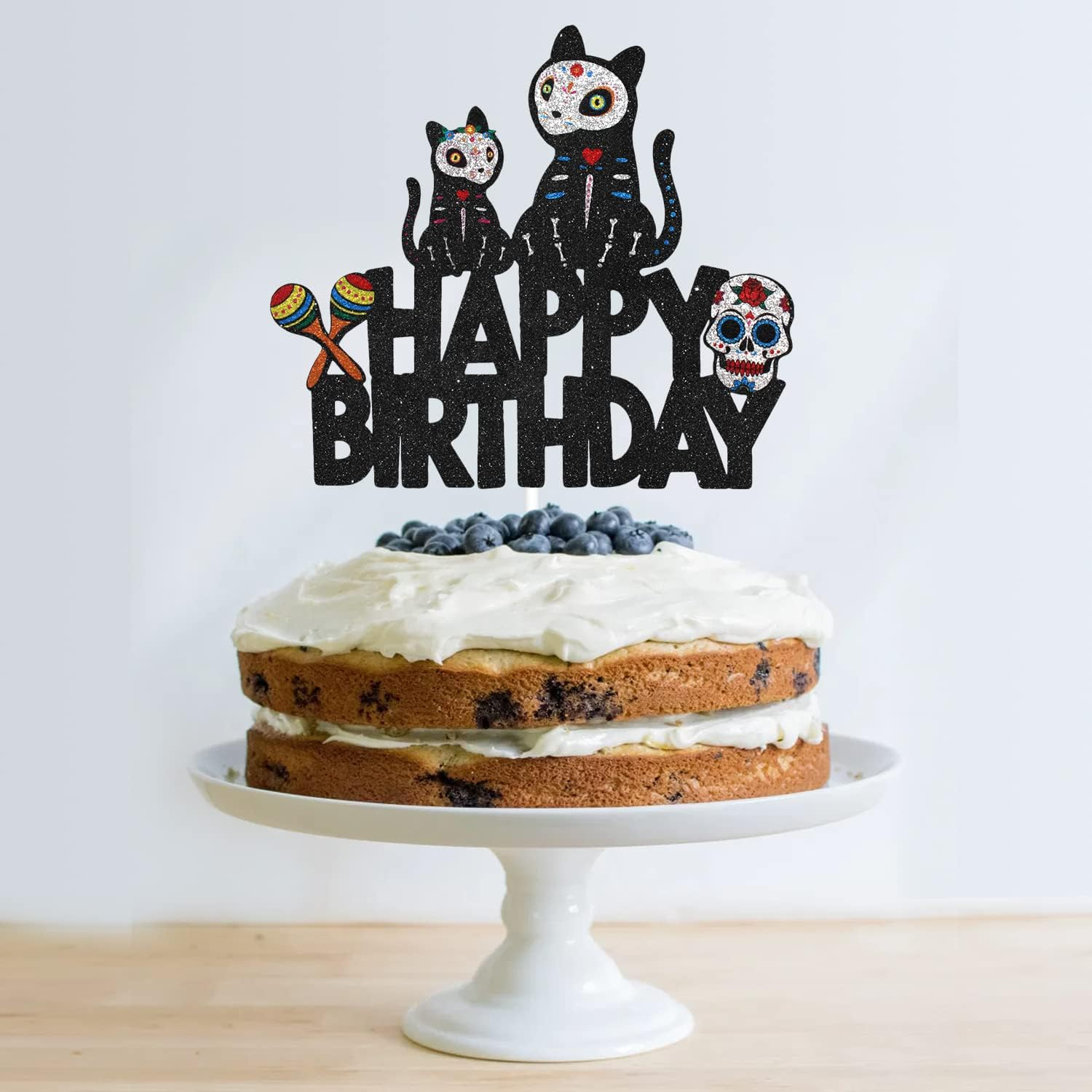 Halloween Sugar Skull Cat Happy Birthday Cake Topper - Halloween Skeleton Day of the Death Cake Topper Supplies - Gothic Mr Mrs Wedding Party Decoration image number 3