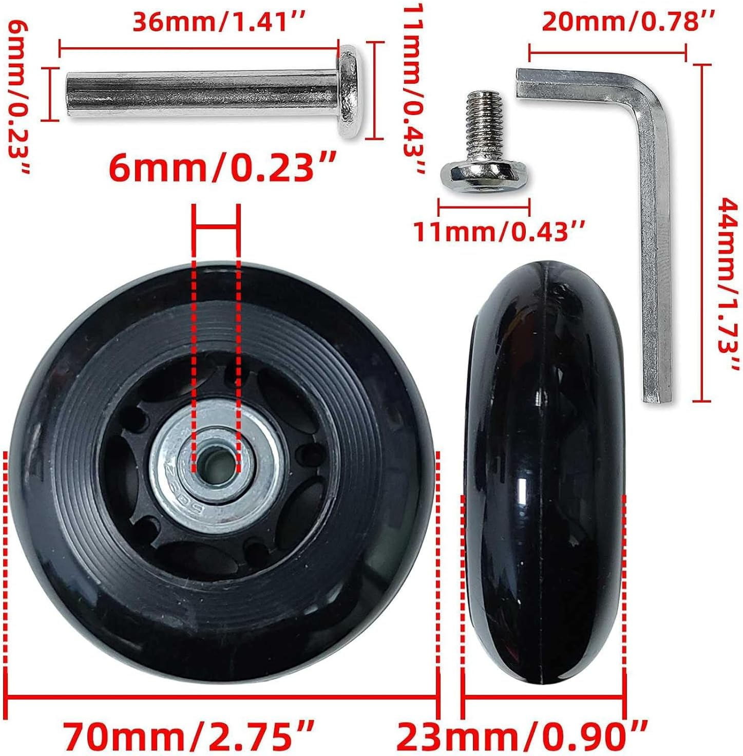 Luggage Suitcase Replacement Wheels 360 Spinner Wear Resistant Rubber Caster Deluxe Repair Tool Kits with Metal Bearings Axles M6 X 36Mm, Black, 60Mm X 18Mm X 6Mm, 2Pcs image number 2