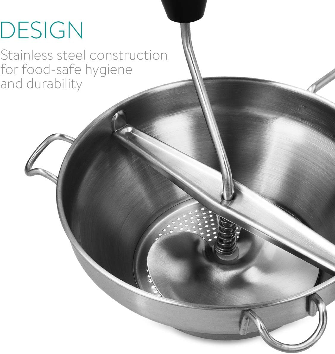 Navaris Food Mill - 8.1" Stainless Steel Rotary Food Mill with Hand Crank and 3 Grinding Discs - Grind & Puree Tomato Sauce, Mashed Potatoes - or for Canning Applesauce image number 3