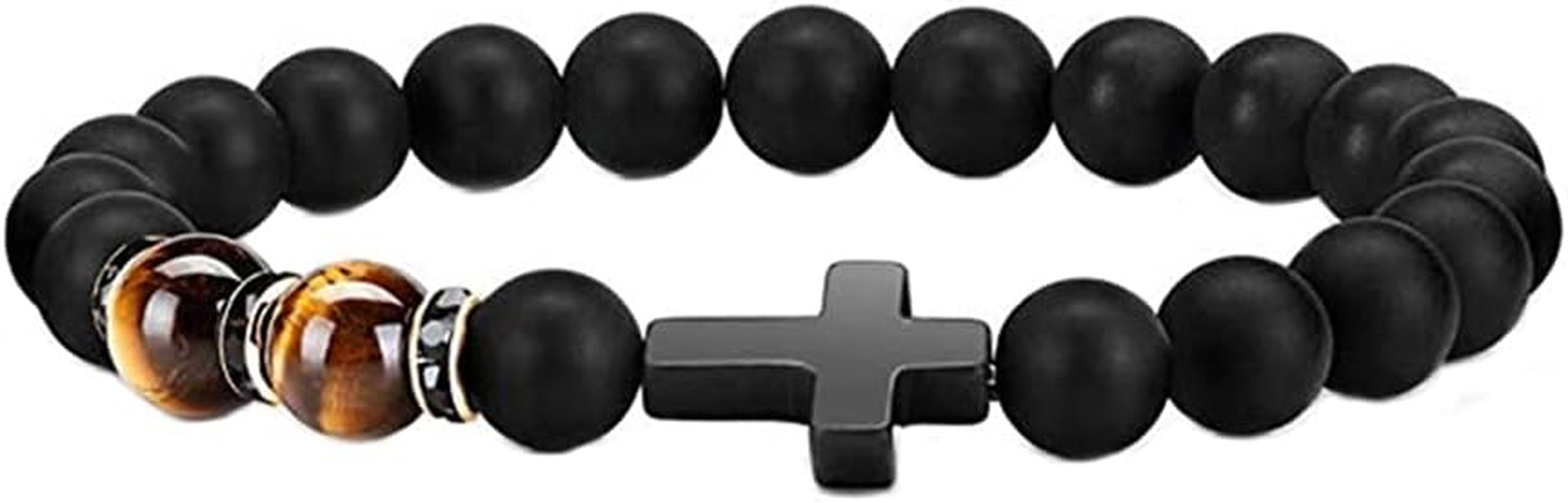 Cross Bracelet for Men Tiger Eye Catholic Rosary Bracelet for Men Boys Adjustable Natural Crystal Stone Bead anti Anxiety Stretch Bracelet image number 5