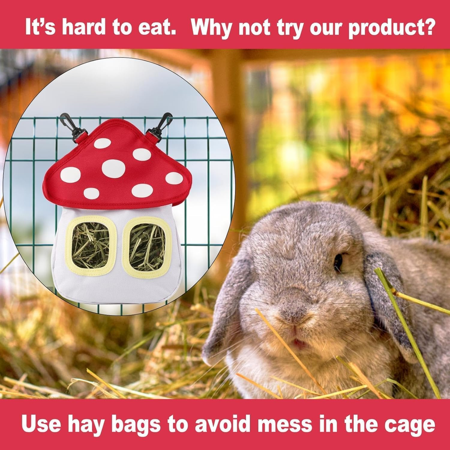 Cozioz Mushroom-Shaped Rabbit Hay Feeding Bag &ndash; Adorable Hanging Feeder for Rabbits, Guinea Pigs, and Hamsters. Ideal for Easy Feeding and Fun Decor image number 2