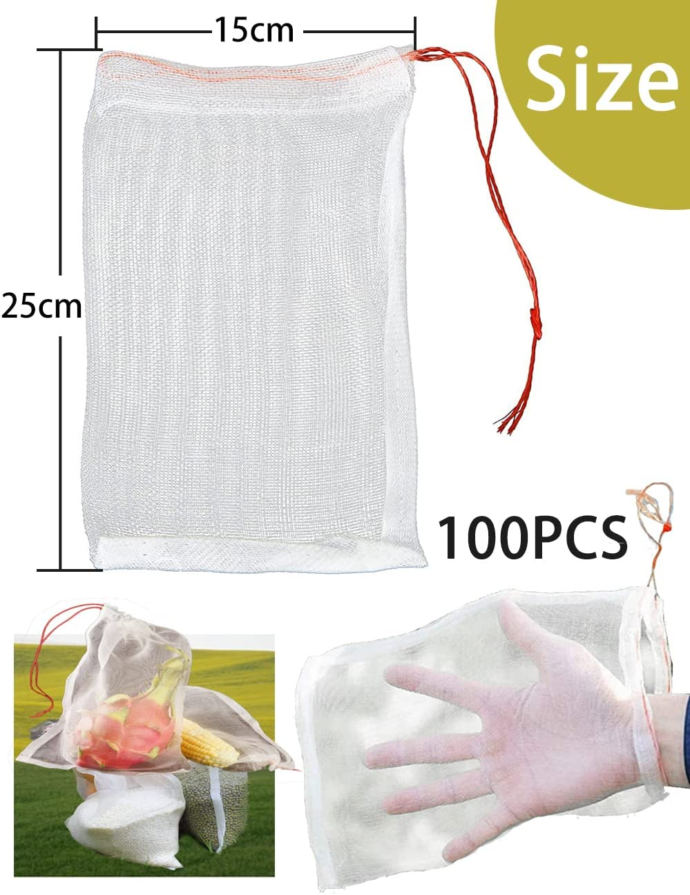 15X25Cm Fruit Protect Bags, 100 PCS Reusable Mesh Garden Netting Protection Bag for Plants Vegetables Plant Fruit Flower, Fruit Bags Net Bag for Fruit Trees, Fruit Cover Nylon Mesh Bag with Drawstring image number 5