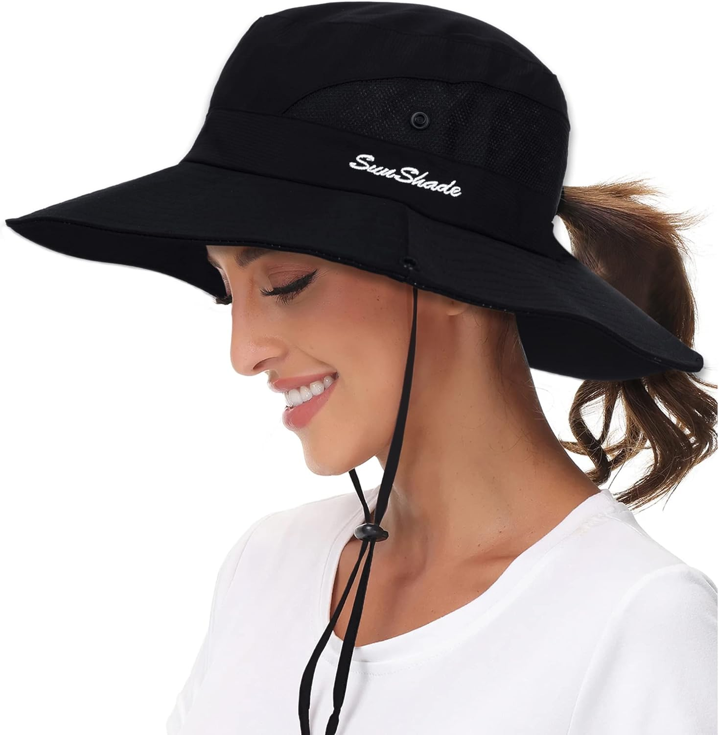 Women-Sun-Hat Safari-Sun-Protection Bucket - Beach-Outdoor Summer Hat Ponytail-Wide-Brim Breathable