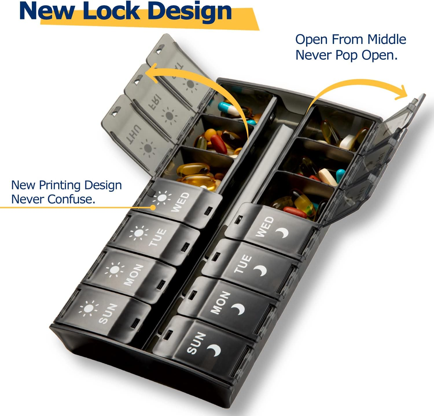 Xl Large Pill Organizer 7 Day, Weekly Medicine Pill Box 2 Times a Day，Am Pm Pill Case Organizer 14 Compartments with Hinged Lids Design，Daily Vitamin Box Pill Dispenser for Fish Oil/Supplements(Black) - Rainbow image number 4