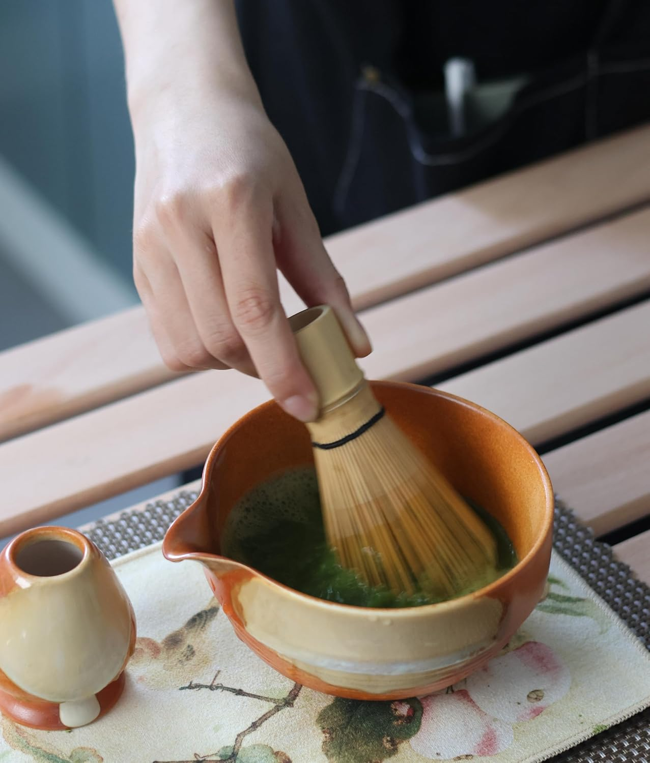 Matcha Whisk Set &ndash; 9 Pieces Including Gift Box &ndash; Japanese Ceremonial Green Tea Kit with Bamboo Whisk, Chasen Holder, Scoop, Sifter, Spoon, Cloth Wrap & Ceramic Bowl &ndash; Complete Matcha Set image number 4