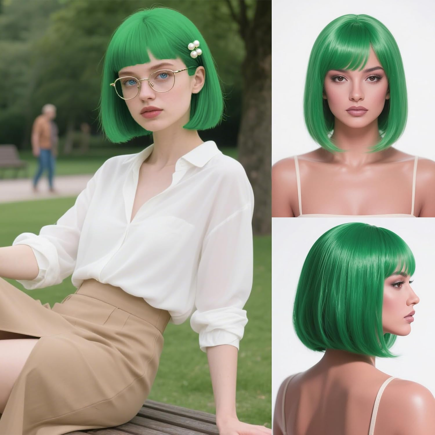 Xeelfaro Green Straight Bob Wig for Women Full Head with Bang & Natural Movement, Soft 10Inch Wig for Stylish Transformations (Green, 10Inch)