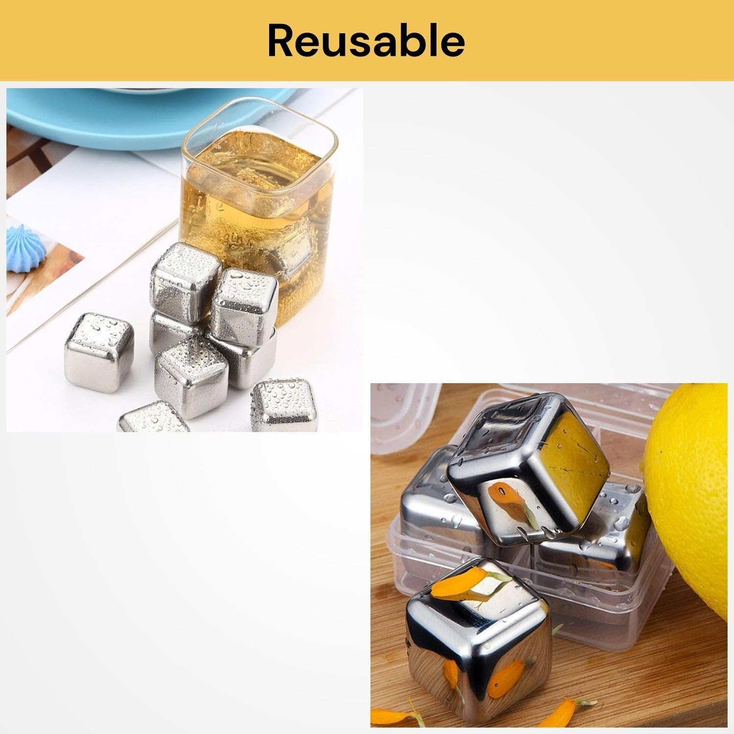 EZONEDEAL Stainless Steel Chilling 8Pcs Cubes Reusable Ice Cube Whiskey Stones for Drinks with Ice Tongs and Freezer Storage Tray Beverage Chilling Rocks Gift Sets for Man, Friends Whiskey Lovers