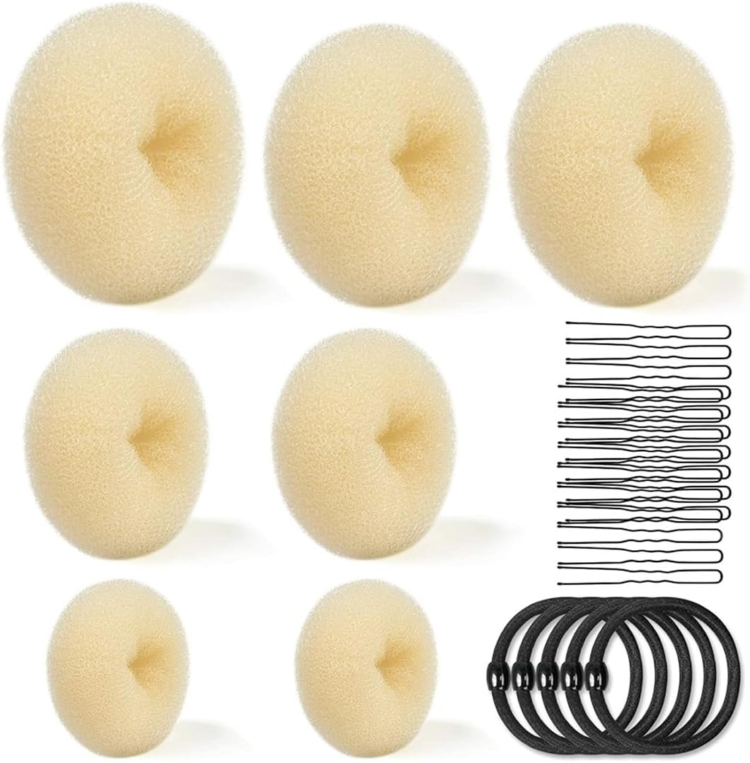 KIRZAX 7-Piece Doughnut Hair Bun Maker Set with 5 Elastic Hair Bands, 20 U-Shaped Hair Clip, Hairpin, Bun Aid Updo Accessories, Bun Maker for Children, Girls, Women (Beige) image number 1