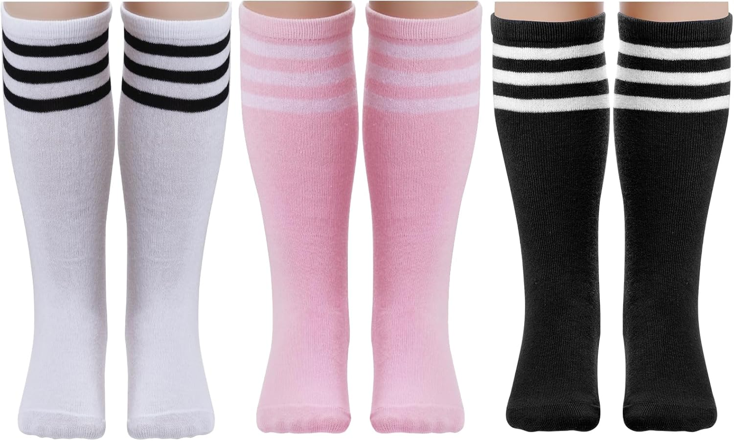3 Pairs Toddler Cotton Striped Soccer Stockings Knee High Socks for Kid School Outdoor