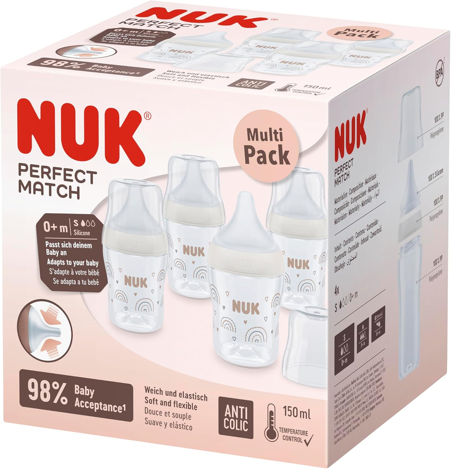 NUK Perfect Match Baby Bottles Set | 0+ Months | Adapts to Baby'S Palate | Temperature Control | anti Colic Vent | 150 Ml | Bpa-Free | Small Silicone Teat | Rainbow | 4 Count image number 3
