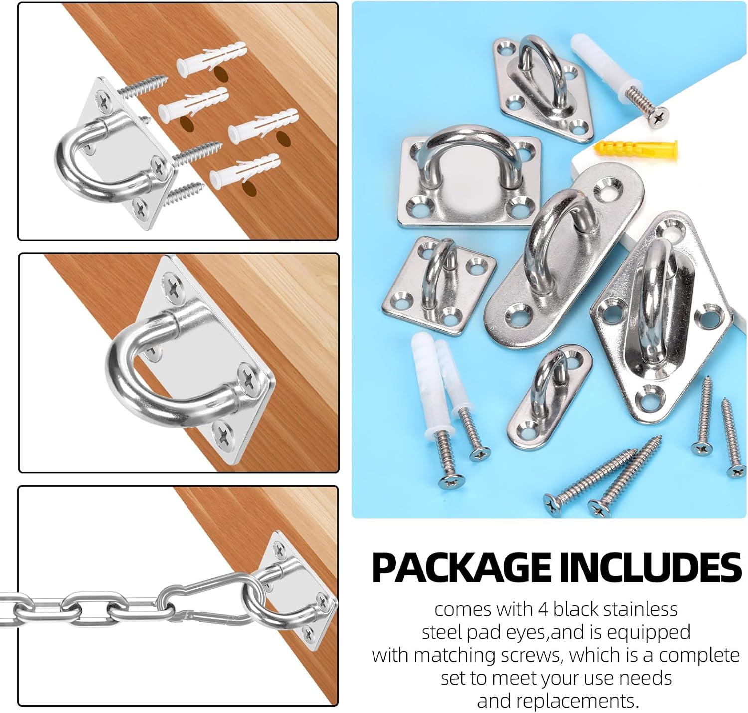 Glarks 20Pcs M5 Stainless Steel Pad Eye Plate Hook Kit, Oval Eye Plate U Hooks Heavy Duty Ceiling Hooks and Carabiner Clips Snap Hook for Ceiling and Mounting Hanging Hardware image number 2